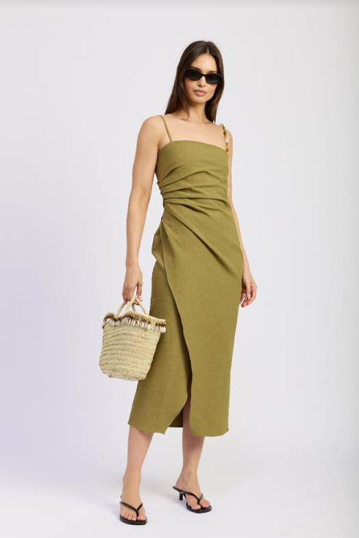 Lynx Pleated Midi Dress Olive