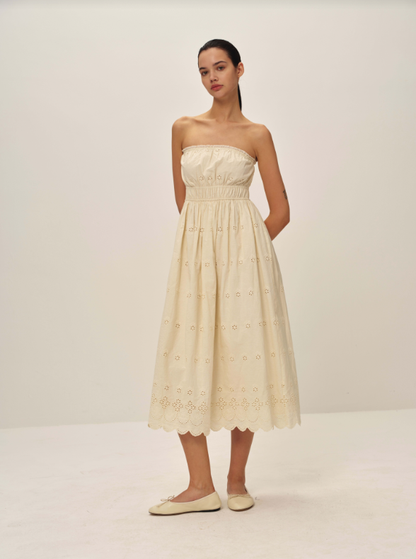 Elodie | Bea Eyelet Off The Shoulder Dress | Ecru