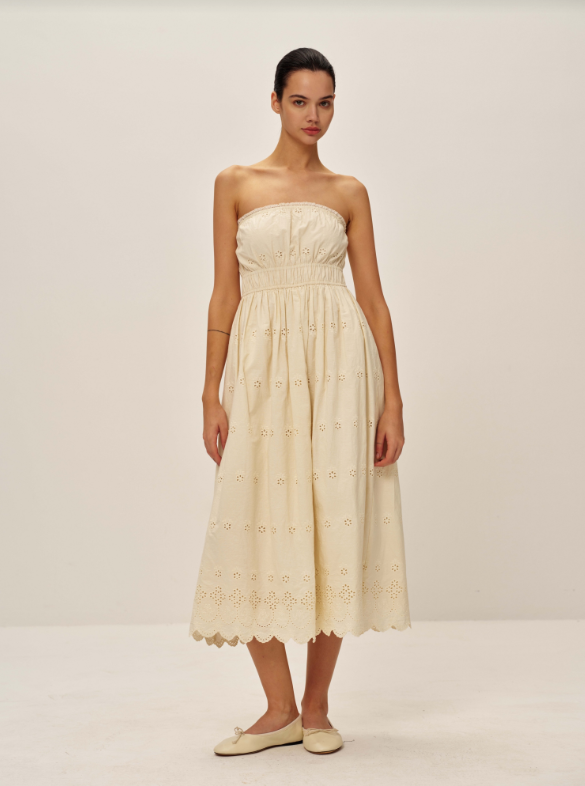 Elodie | Bea Eyelet Off The Shoulder Dress | Ecru