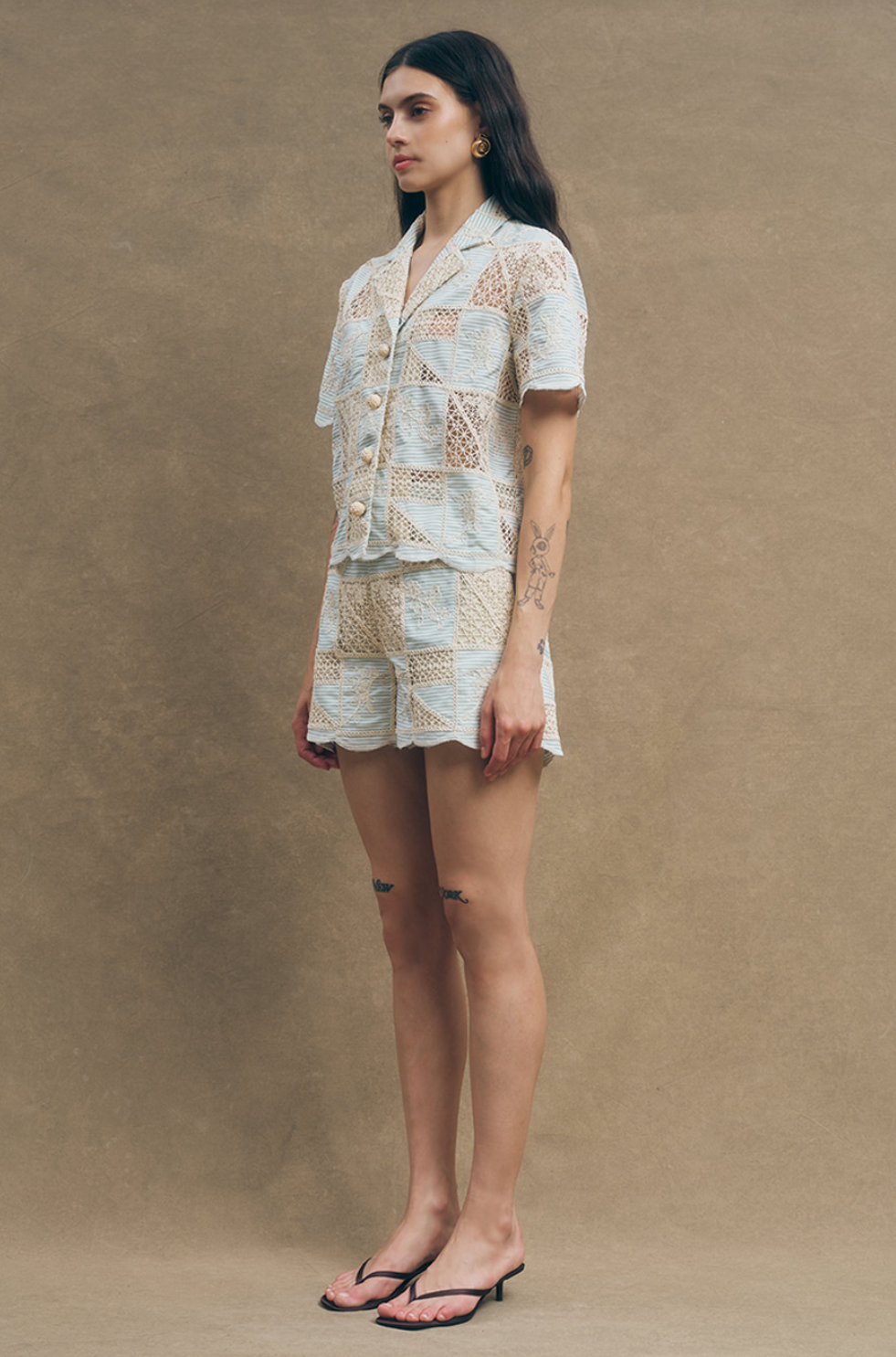 Maude Club Milo Green Beige Crochet Top| Blouse