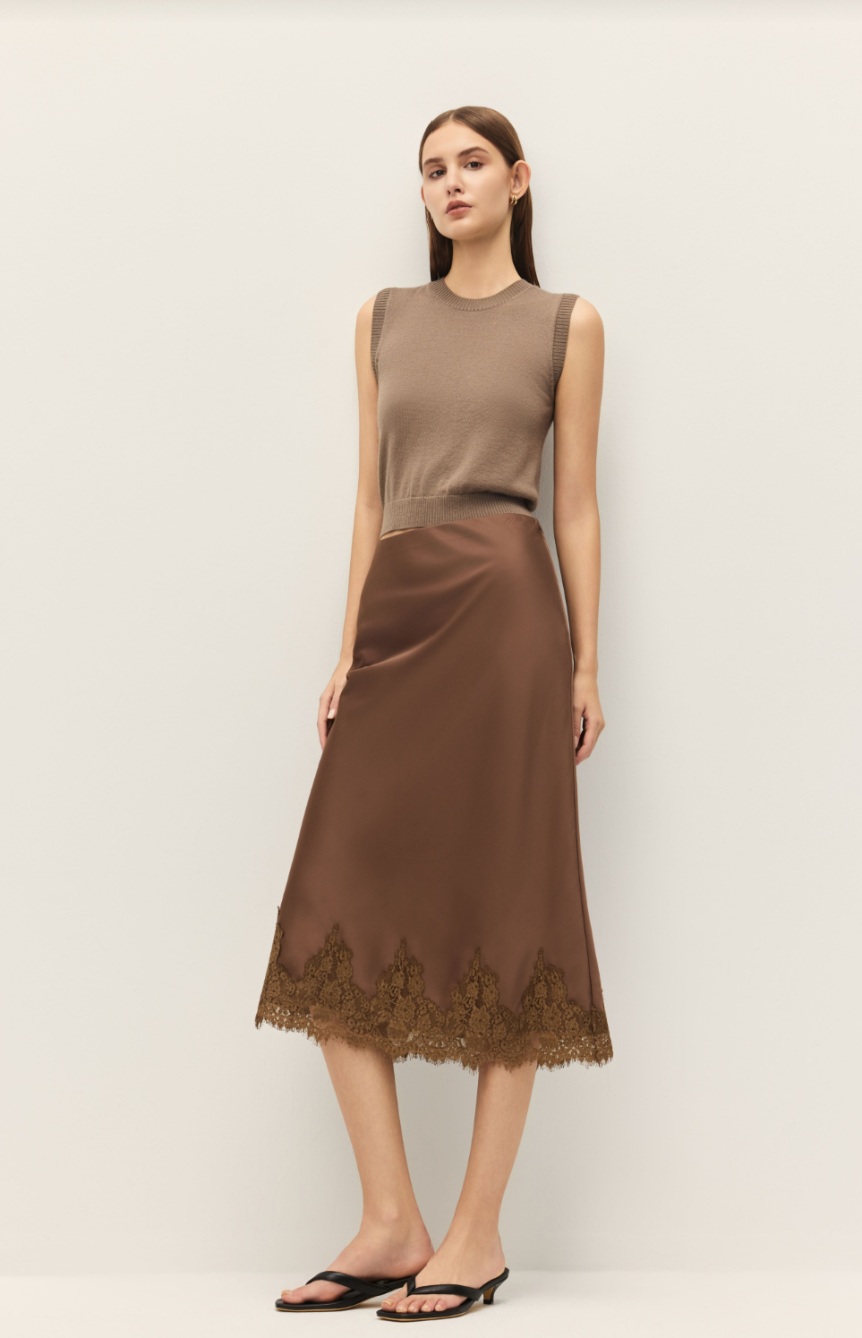 Enid Mocha Lace Satin Midi Skirt