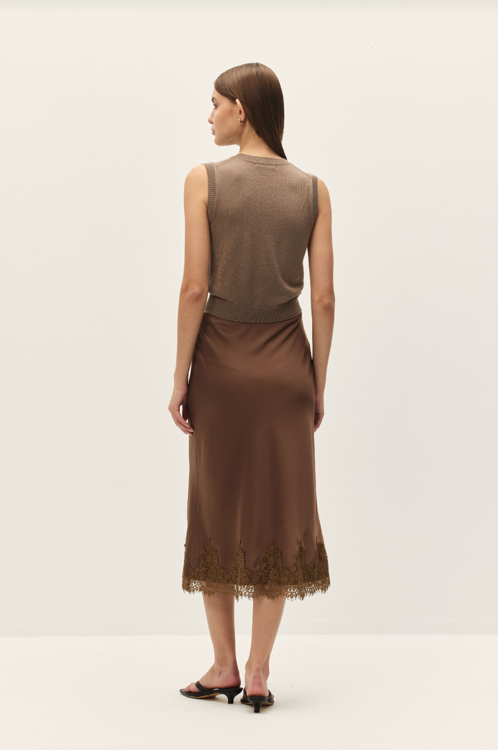 Enid Mocha Lace Satin Midi Skirt
