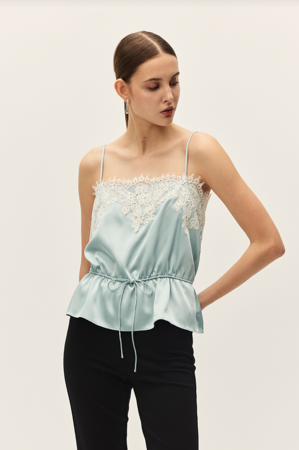 Elodie Diora Blue Satin Lace Tank Top