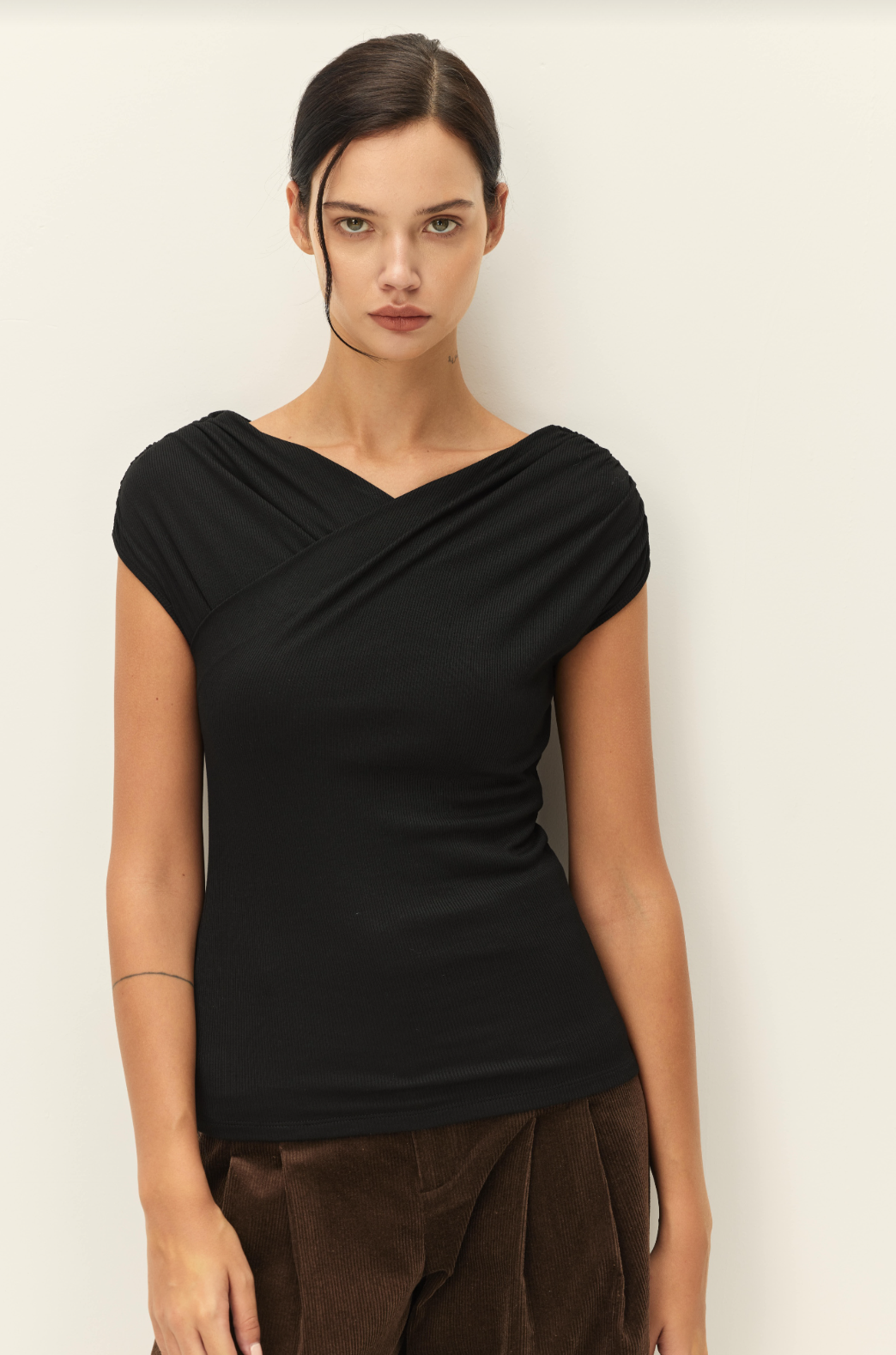 Elodie Rue Draped Black Wrap Top
