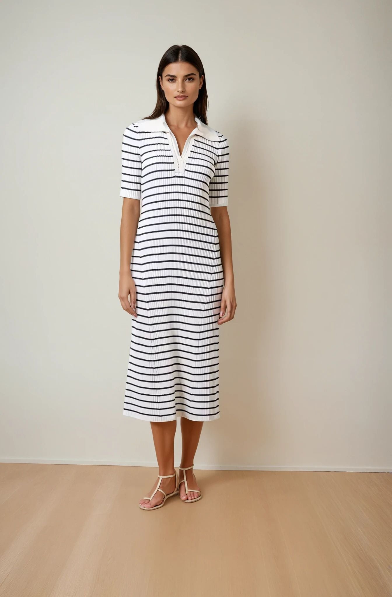 Evalynn Collar Striped Midi Dress