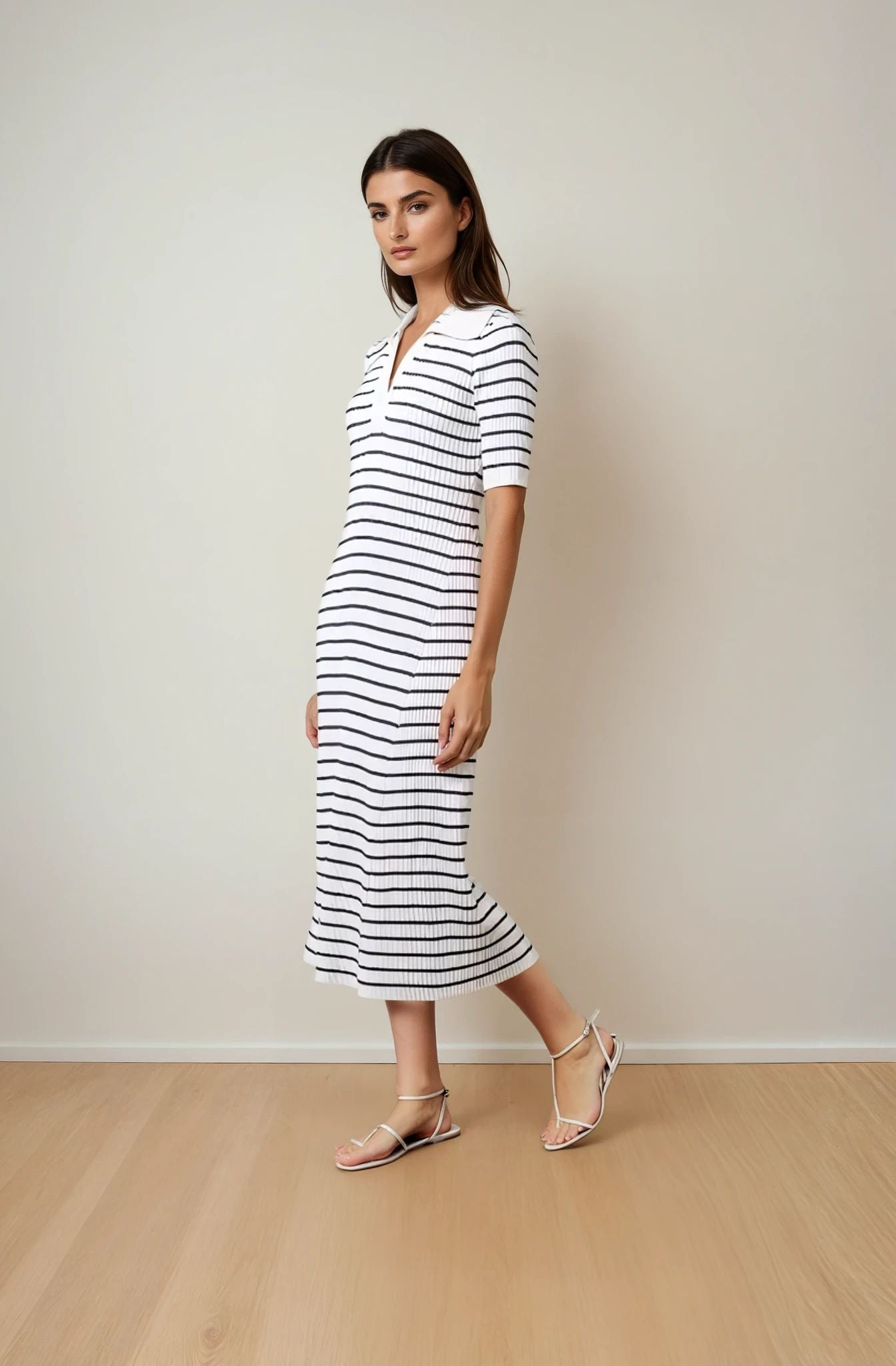 Evalynn Collar Striped Midi Dress