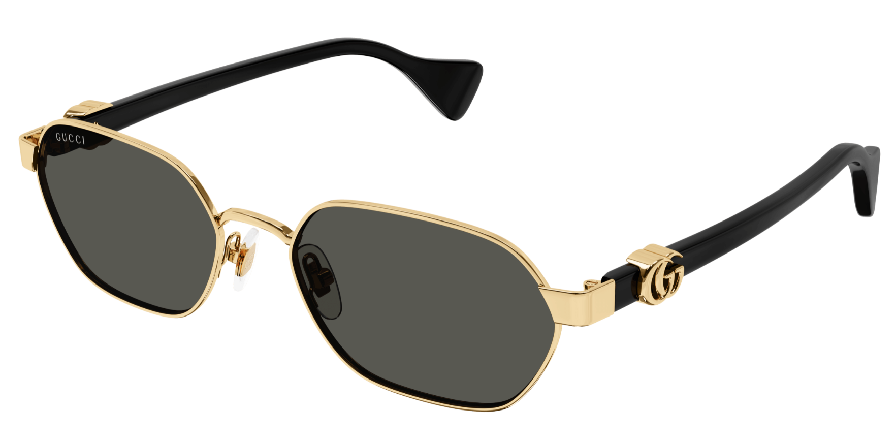 A pair of Gucci women's sunglasses with gold frame and black accents, featuring dark lenses and the Gucci double G logo on the arms.