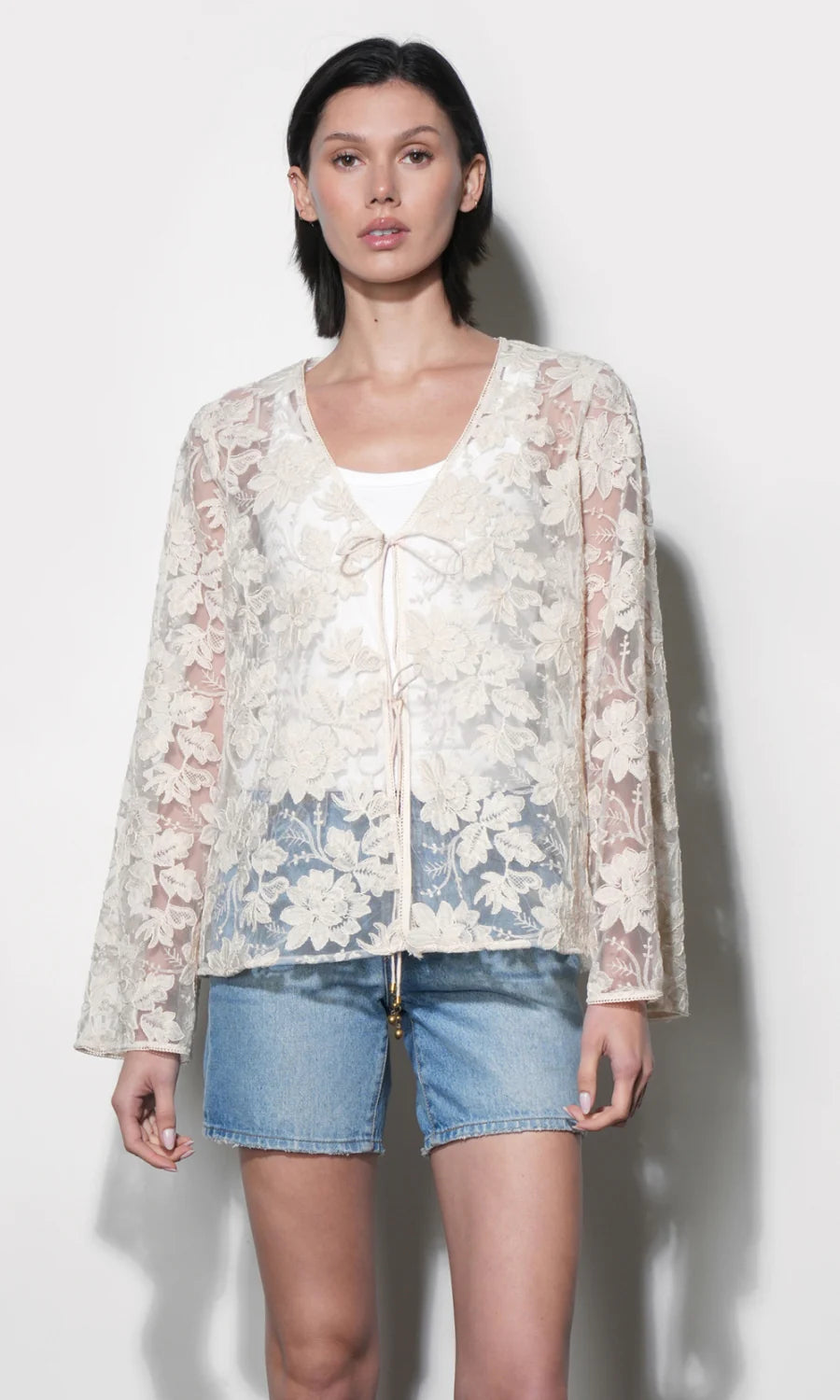 Greylin Zaylee Sheer Natural Embroidery Lace Cardigan