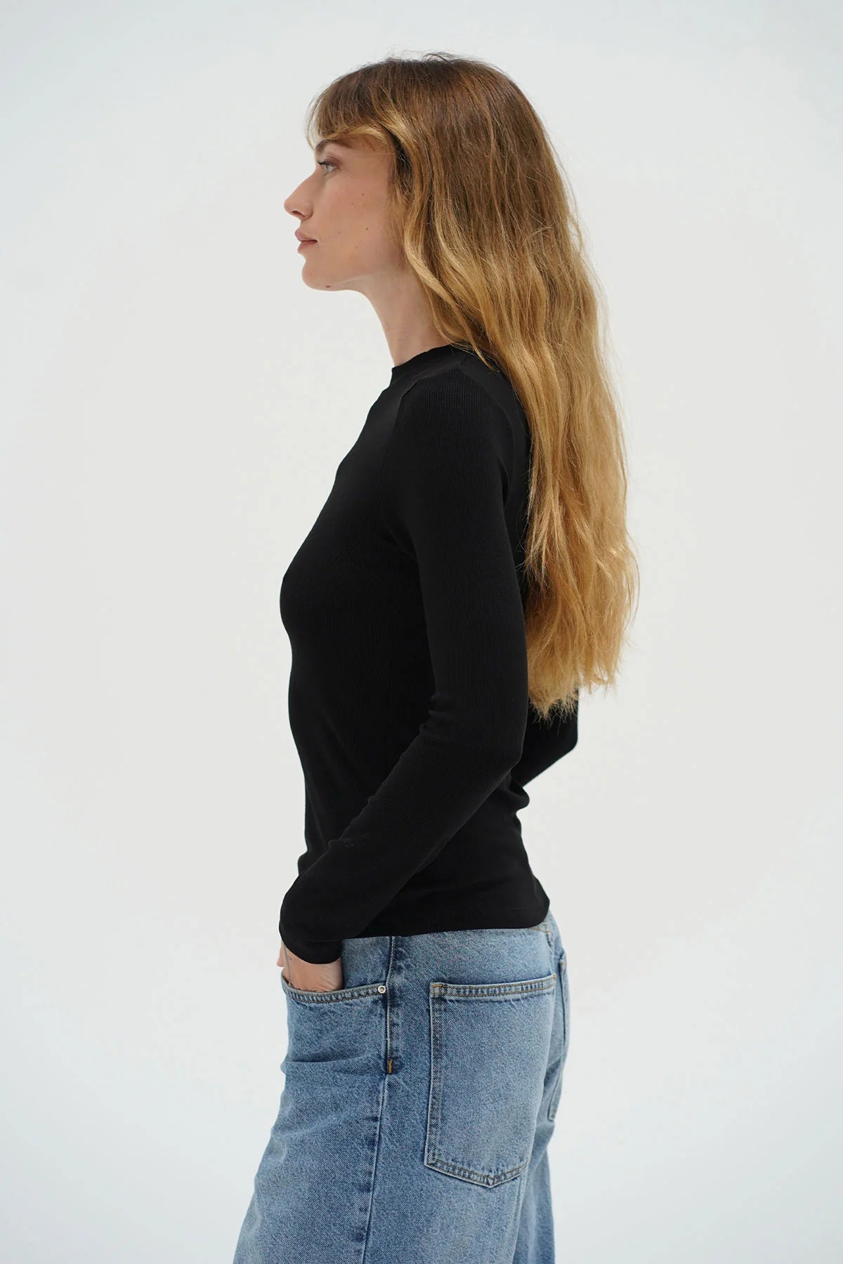LNA Dalston Ribbed Long Sleeve Top Black