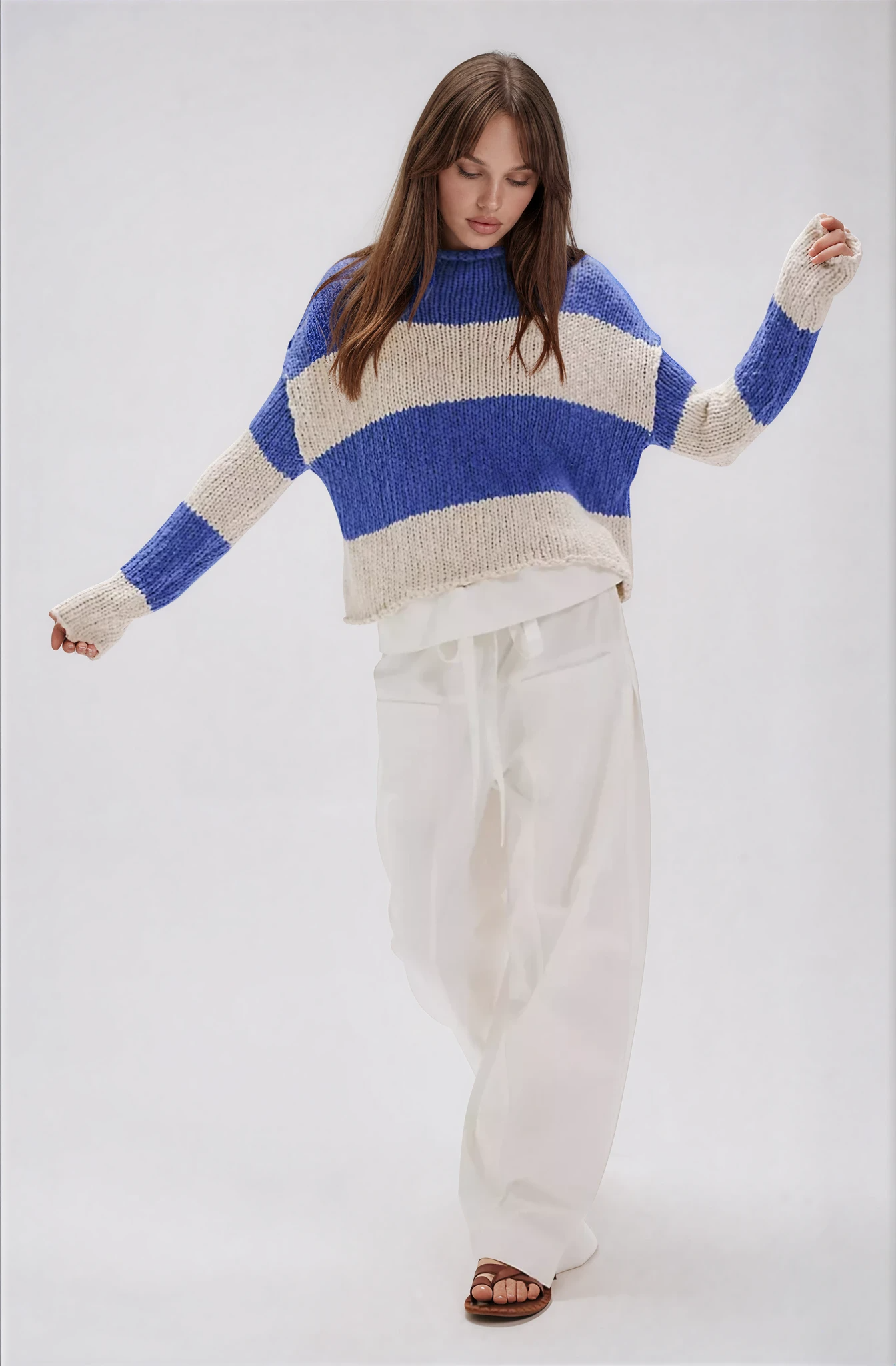Free People Opal Rollneck Knit Stripe Sweater Cobalt Combo