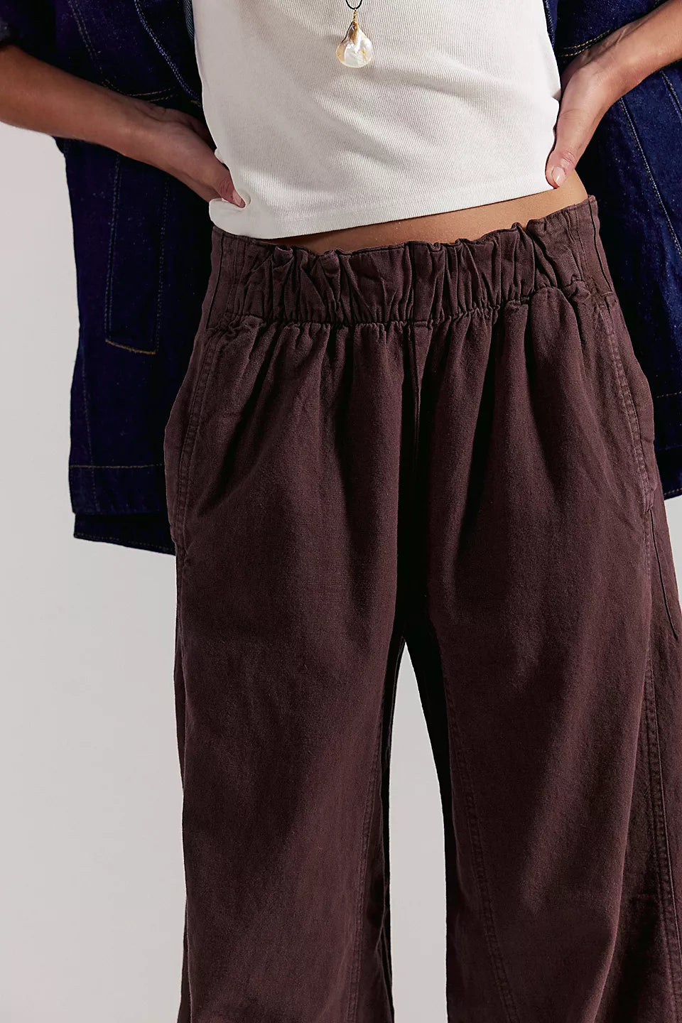 Free People Day's End Linen Pull-On Pants Double Espresso