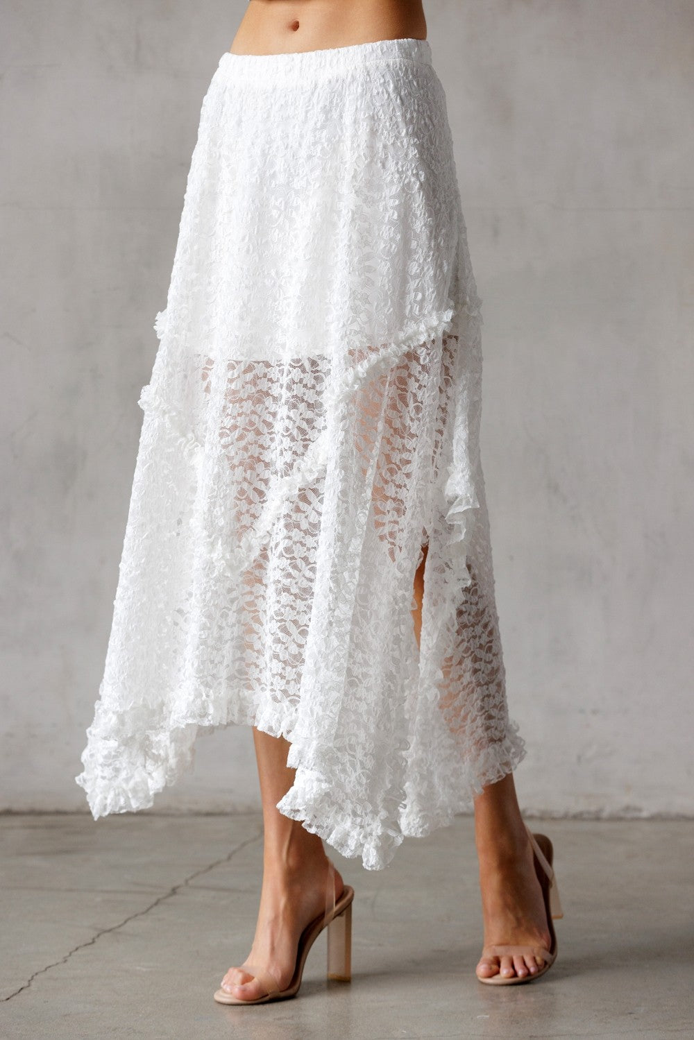 Grace Lace Asymetrical Midi Skirt | White