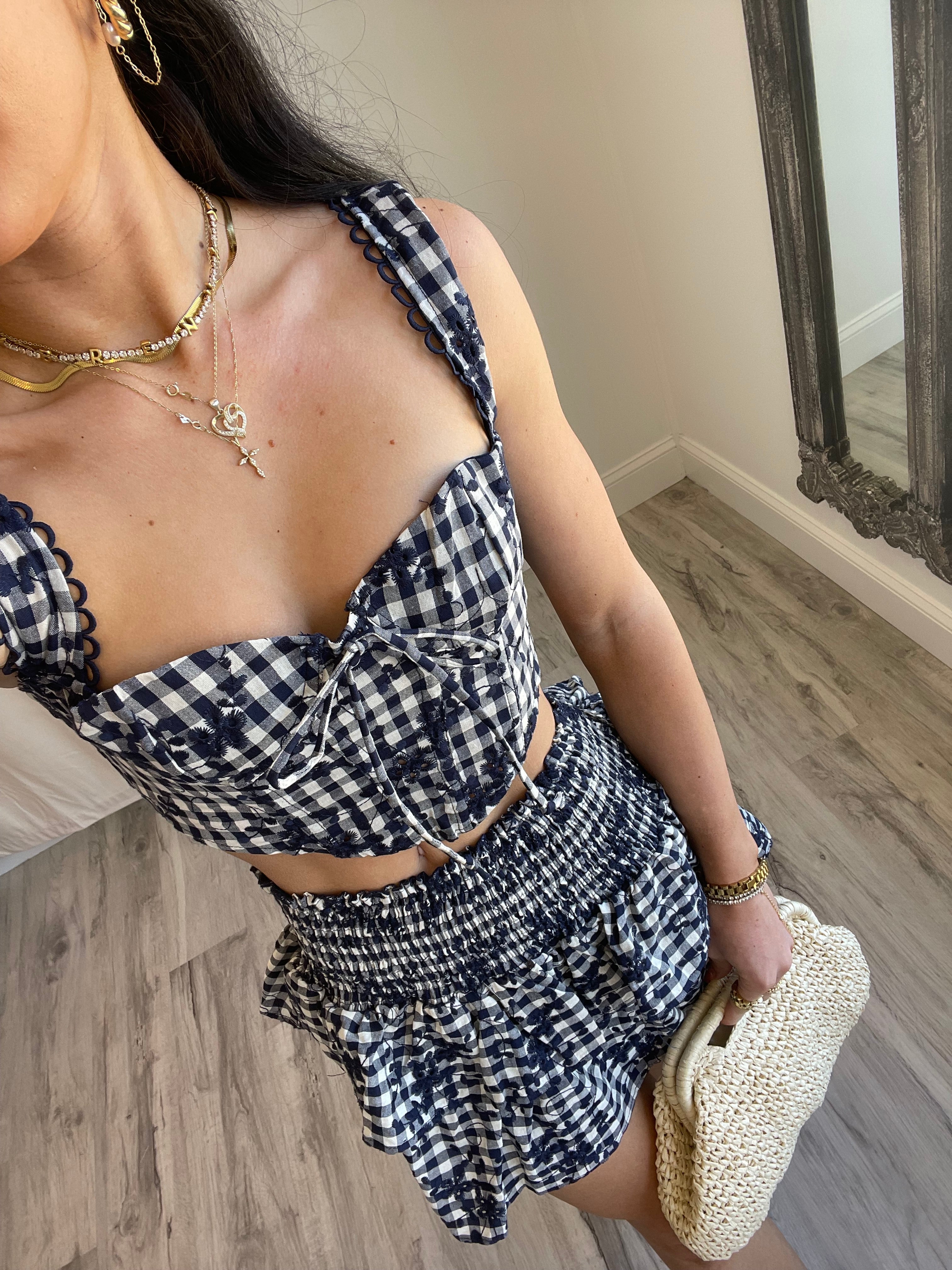 Gwen Gingham Tiered Ruffle Mini Skirt | Navy