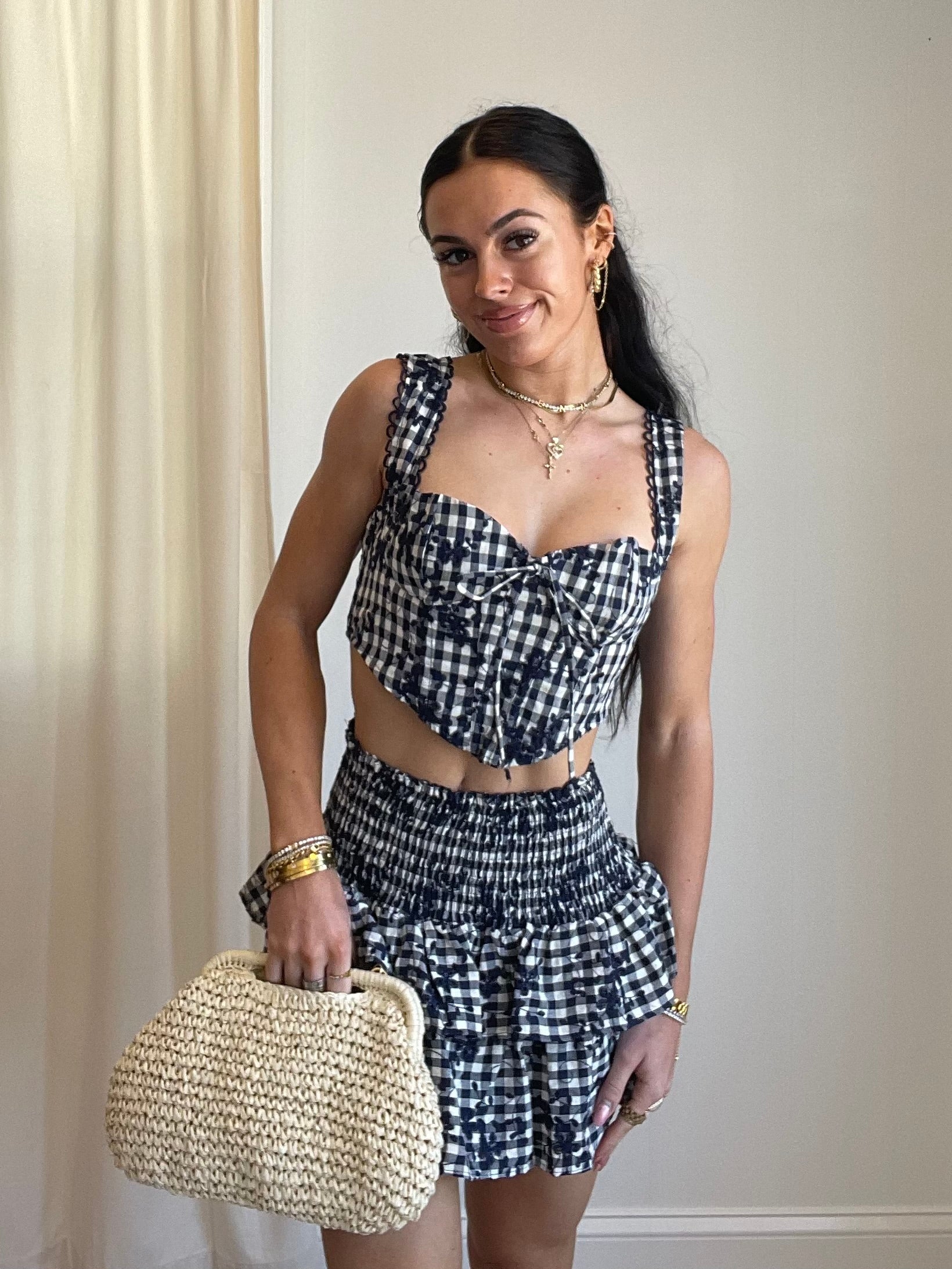 Gwen Gingham Tiered Ruffle Mini Skirt | Navy