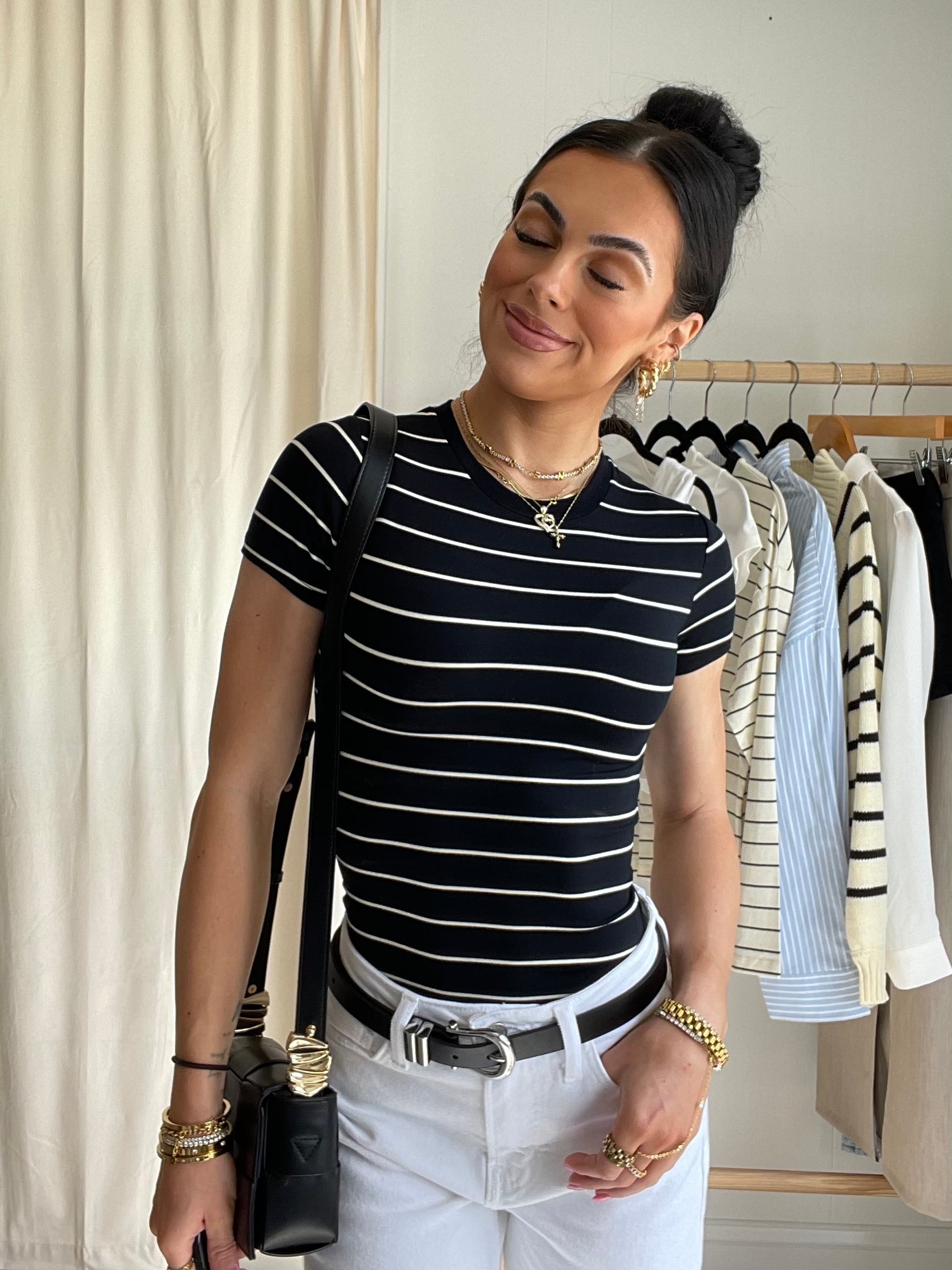 Striped Fitted Crew Neck Top | Black & Antique White