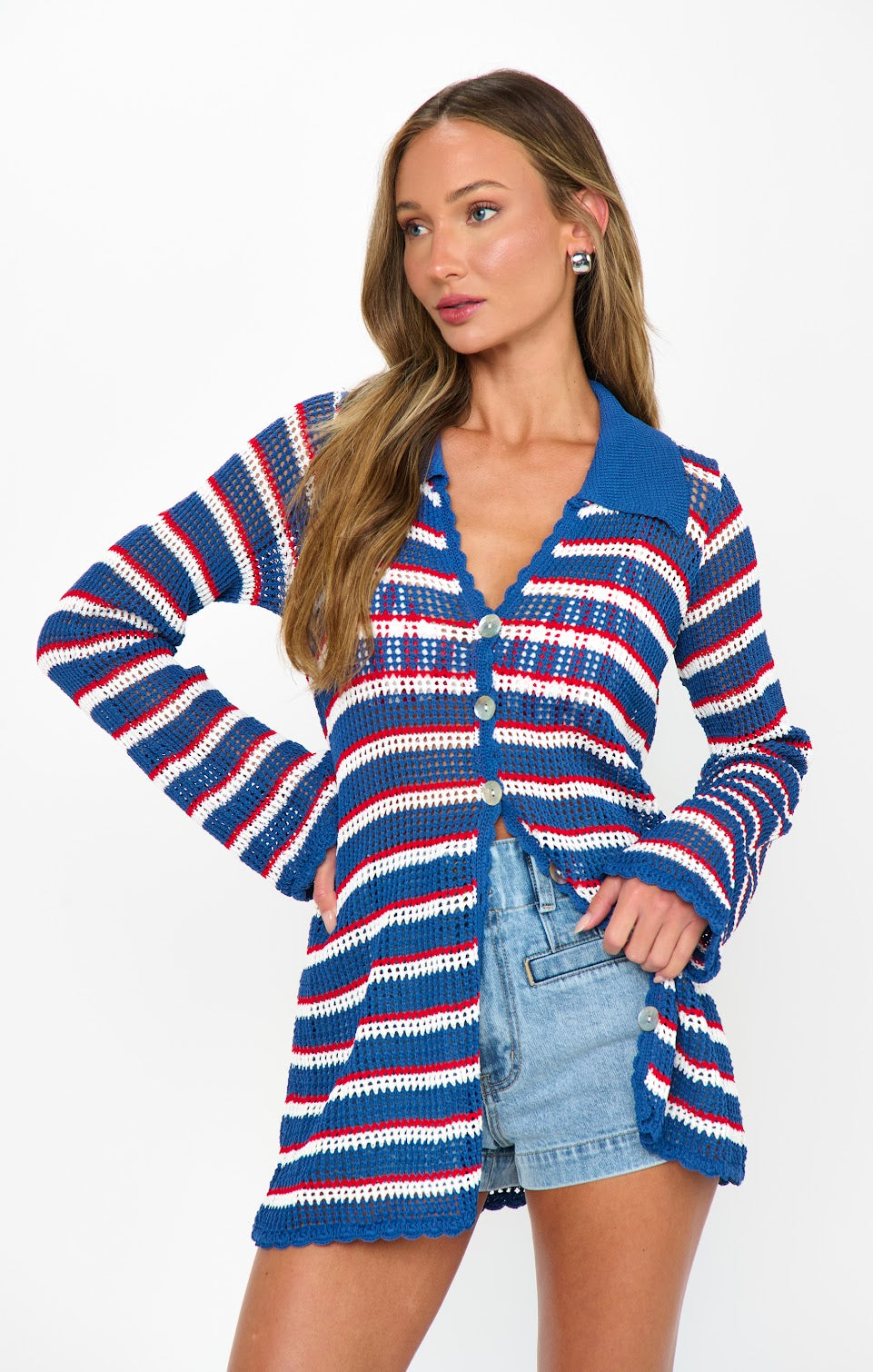 Button up Moutauk Stripe Crochet Coverup