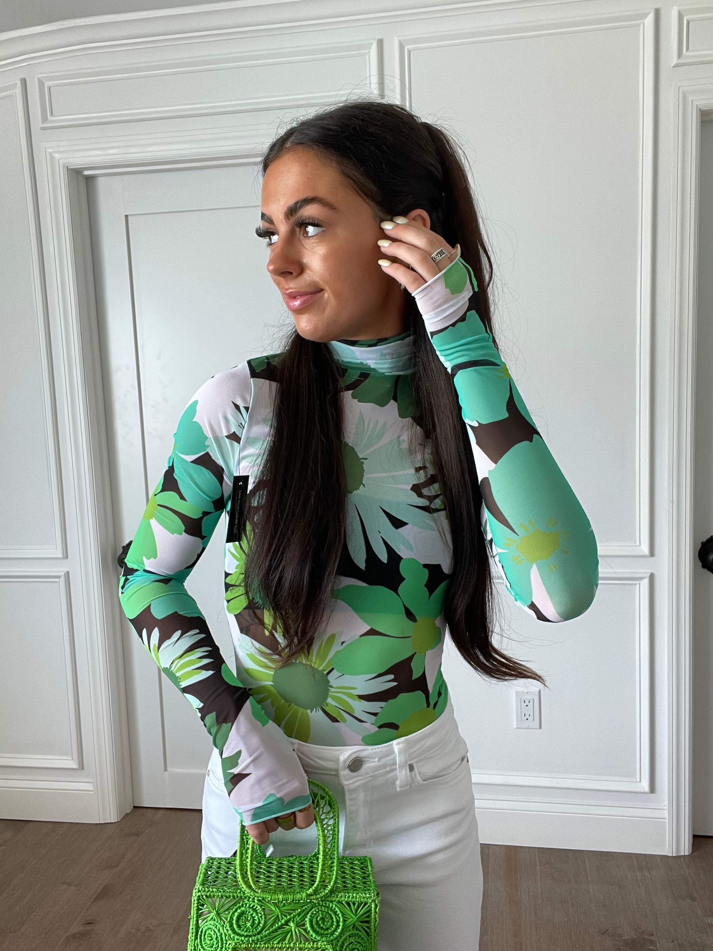 Zadie Mesh Turtleneck Top | Retro Bloom