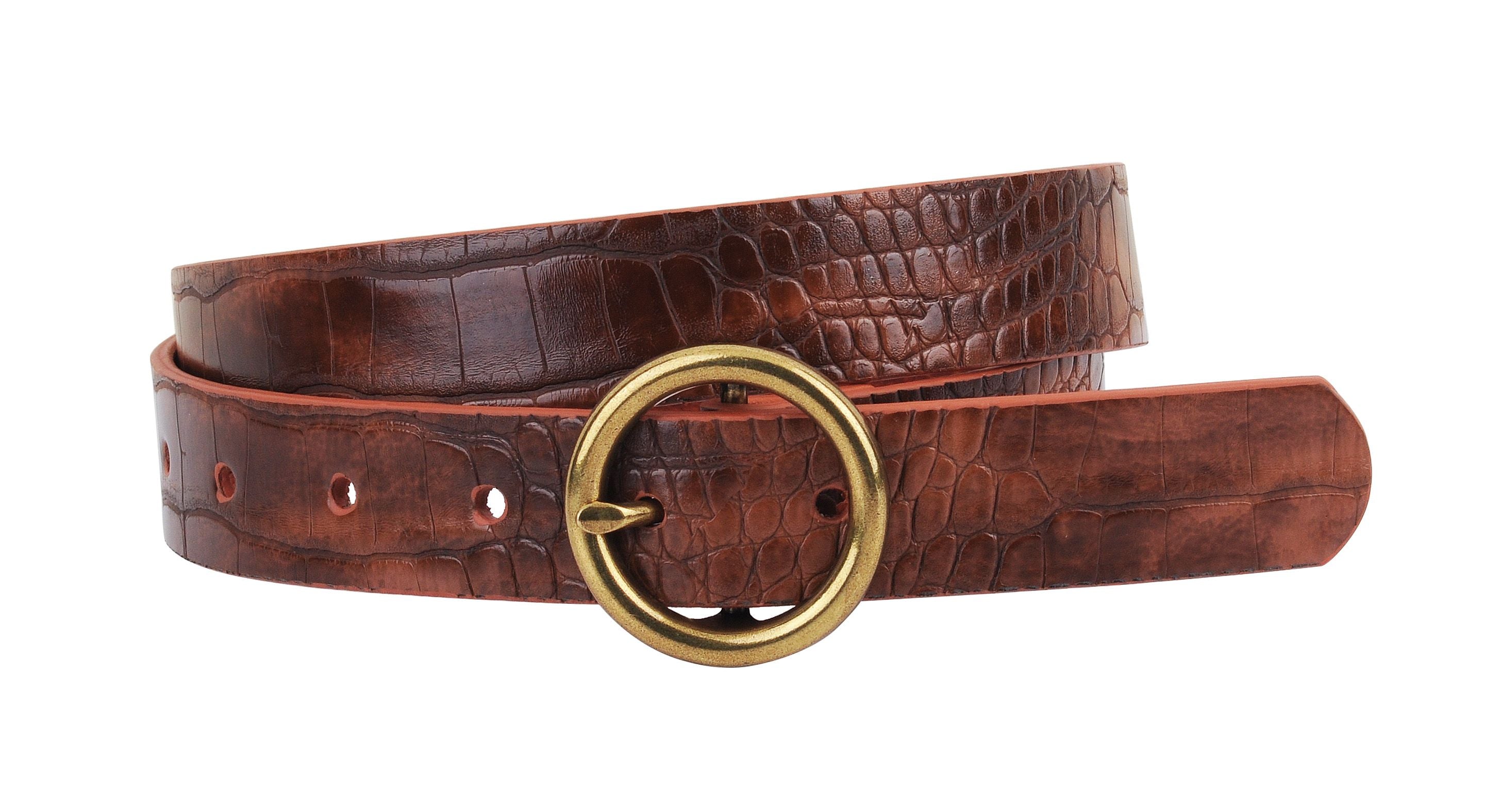 Daniela Round Buckle Leather Croc Belt