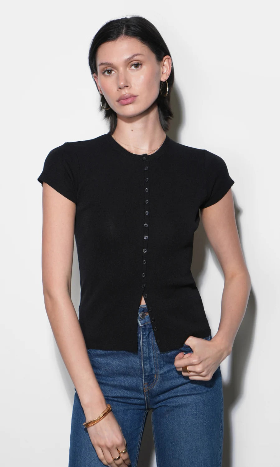 Greylin Vera Black Crew Neck Button Detailed Knit Top