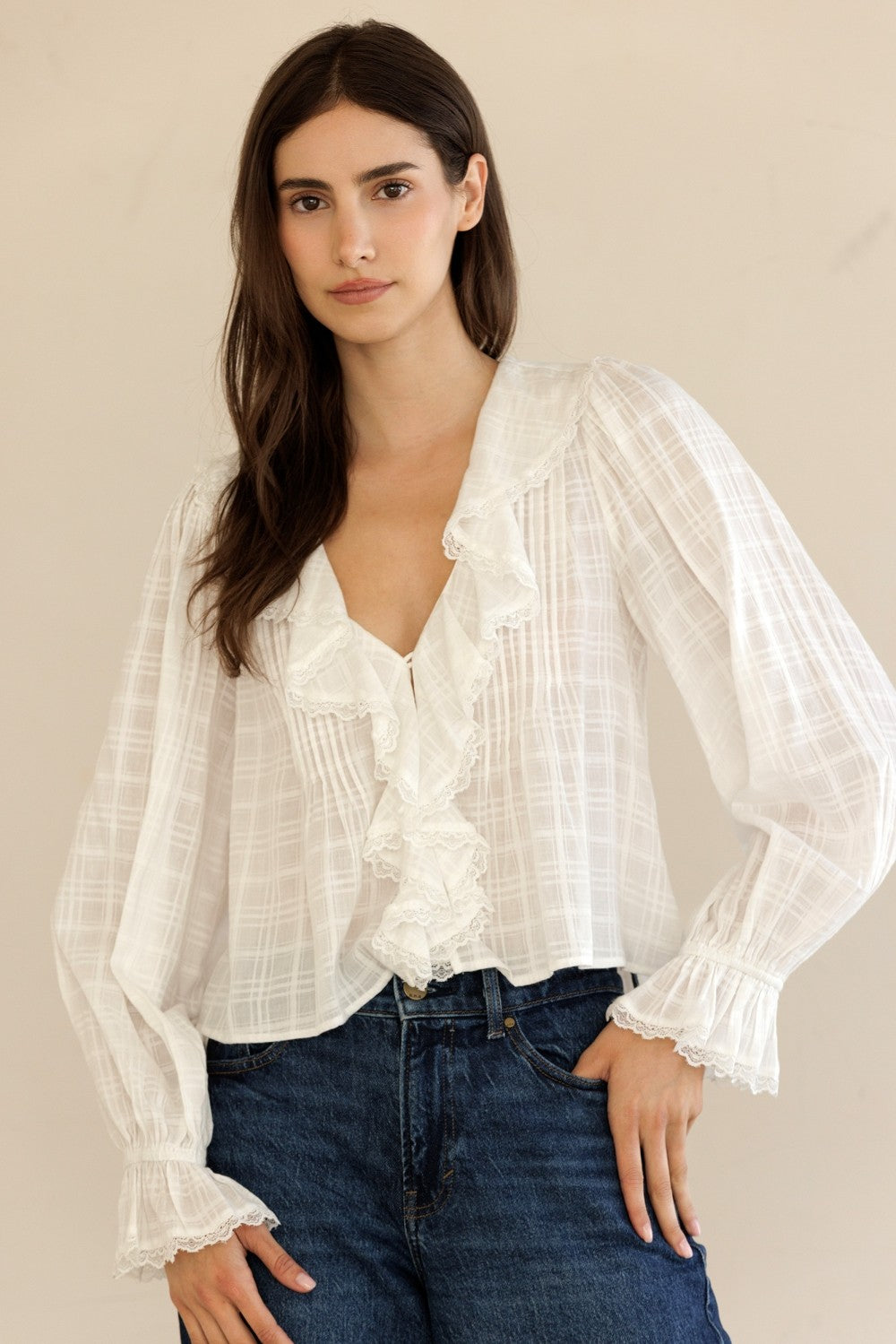 Adhara White Ruffle V-Neck Blouse