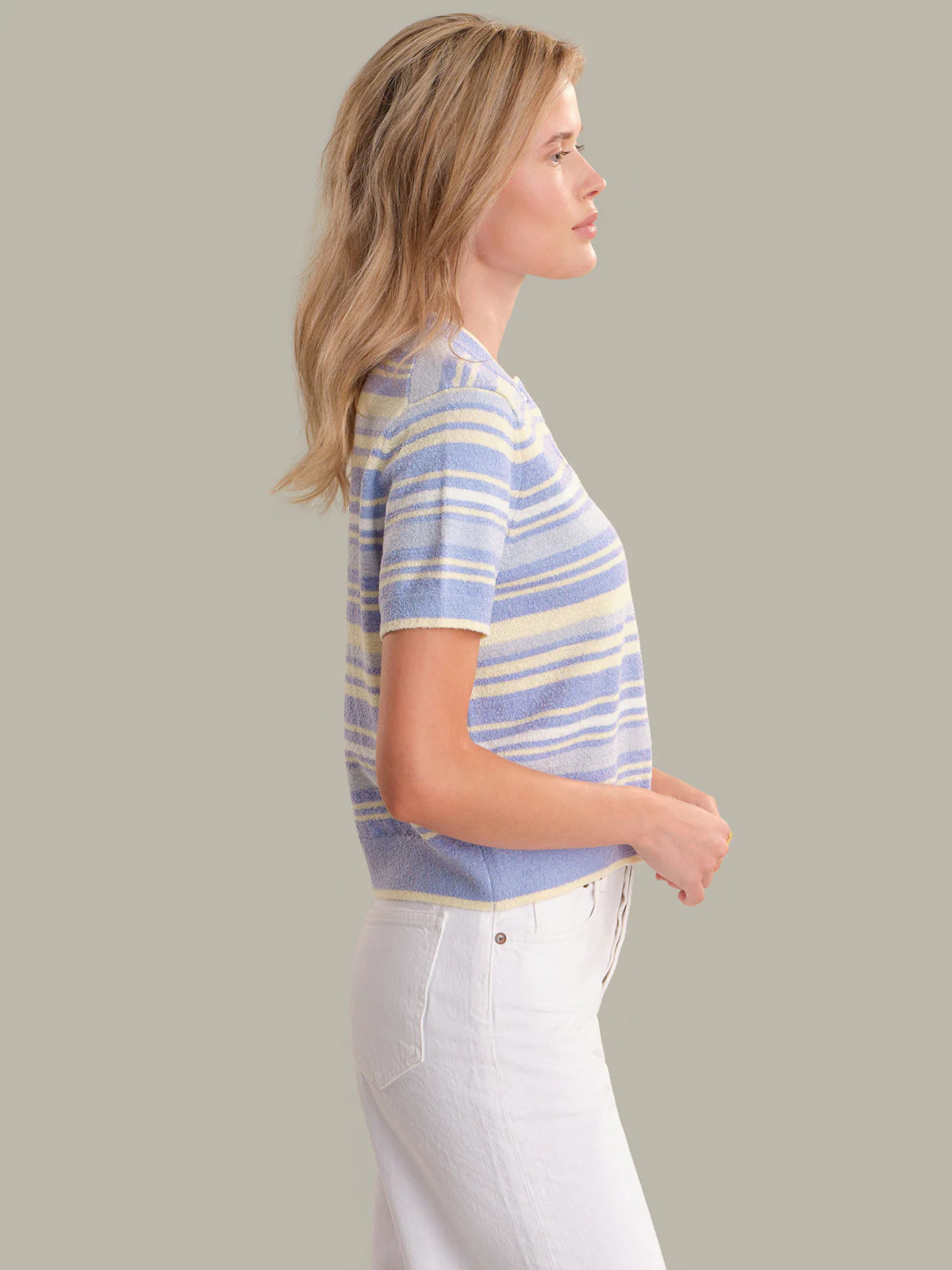 525 Bay: Stripe Short Sleeve Cardigan Blue Heron Multi 