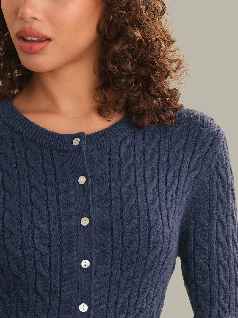 Juliette Cable Split Hem Cardigan Dark Blue