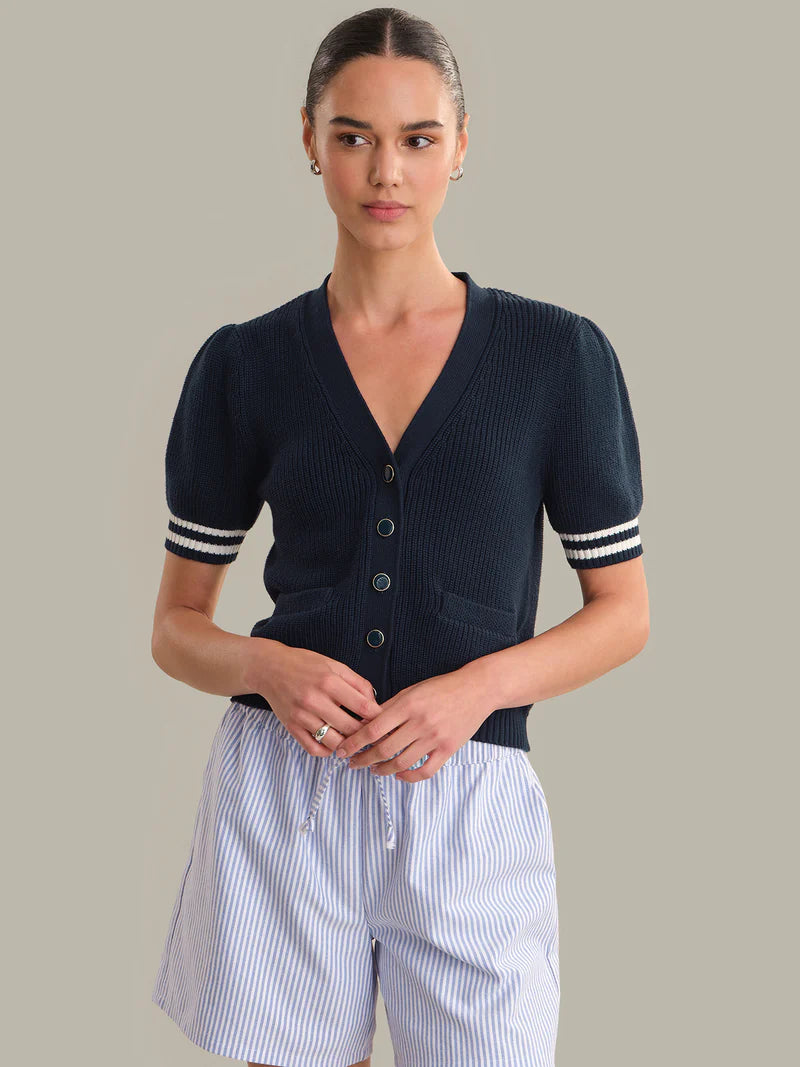 525 Avalon Puff Sleeve Dark Blue Button Front Cardigan