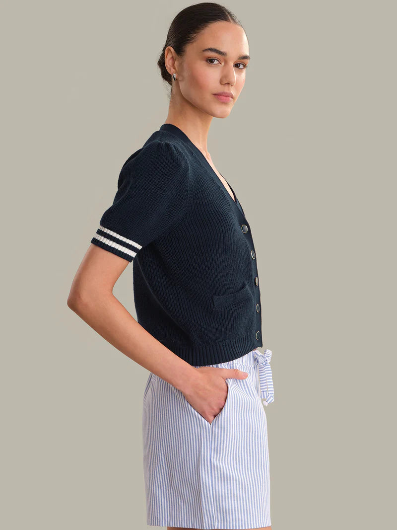 525 Avalon Puff Sleeve Dark Blue Button Front Cardigan