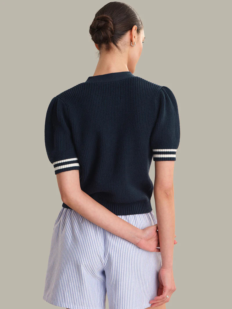BACK VIEW 525 Avalon Puff Sleeve Dark Blue Button Front Cardigan 