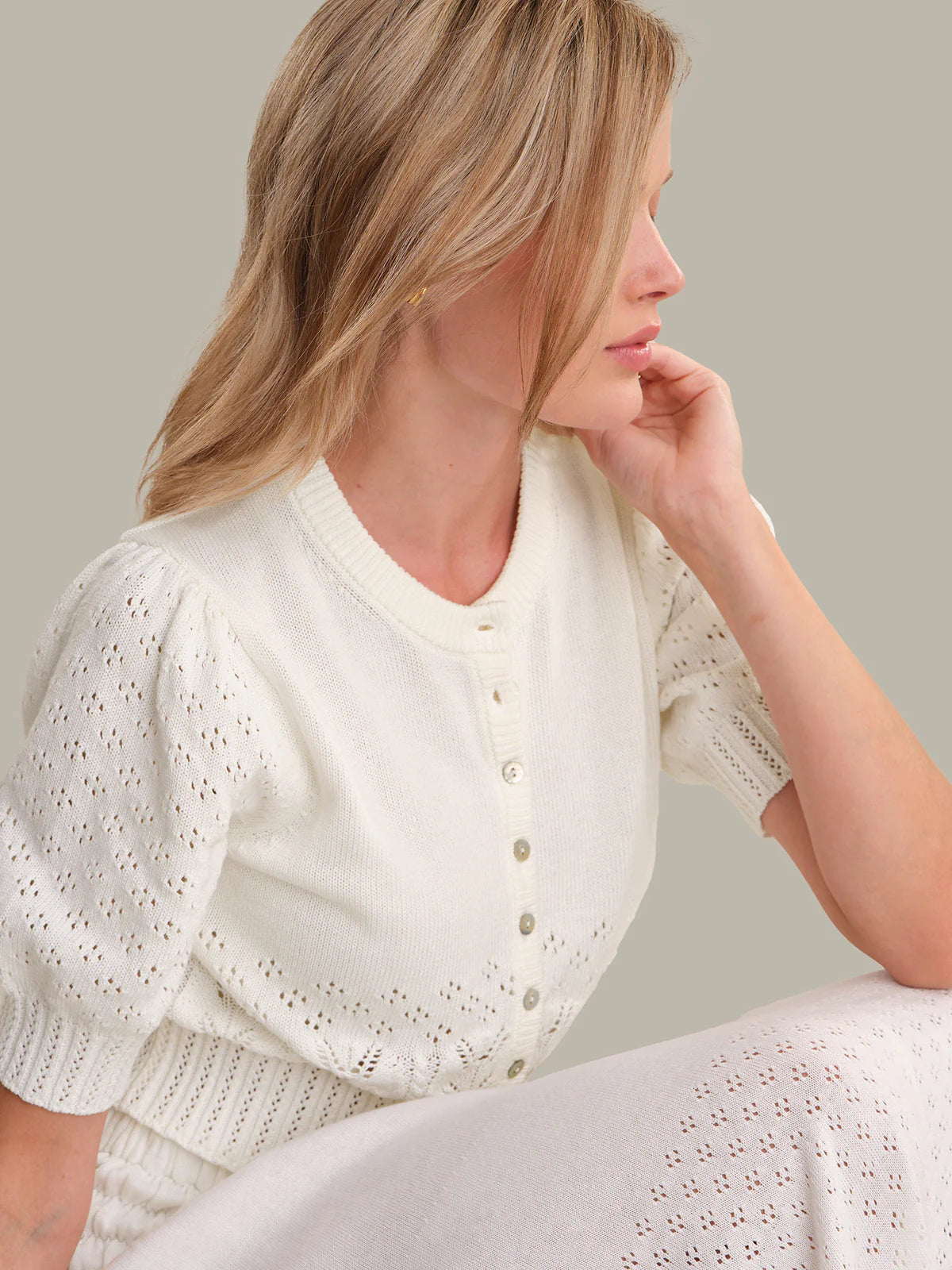 525 Odette Cropped Puff-Sleeve Cardigan Chalk