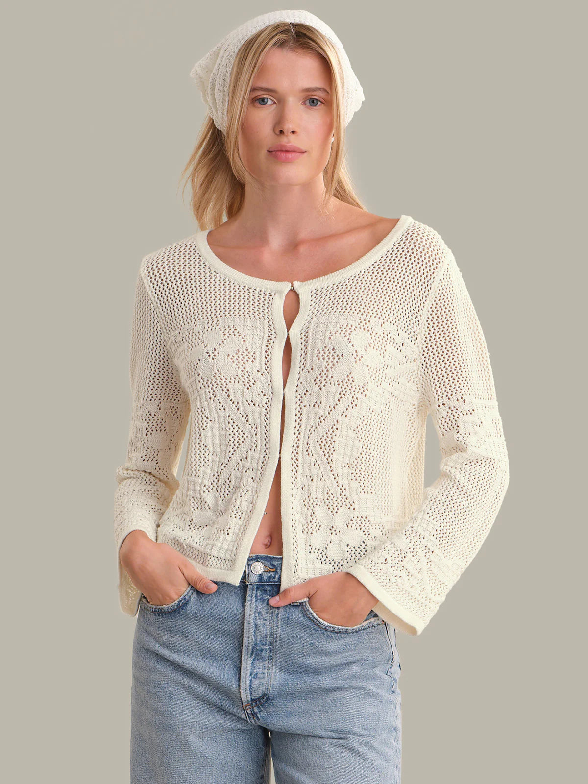 525 Nadia Floral Pointelle Cotton Cardigan