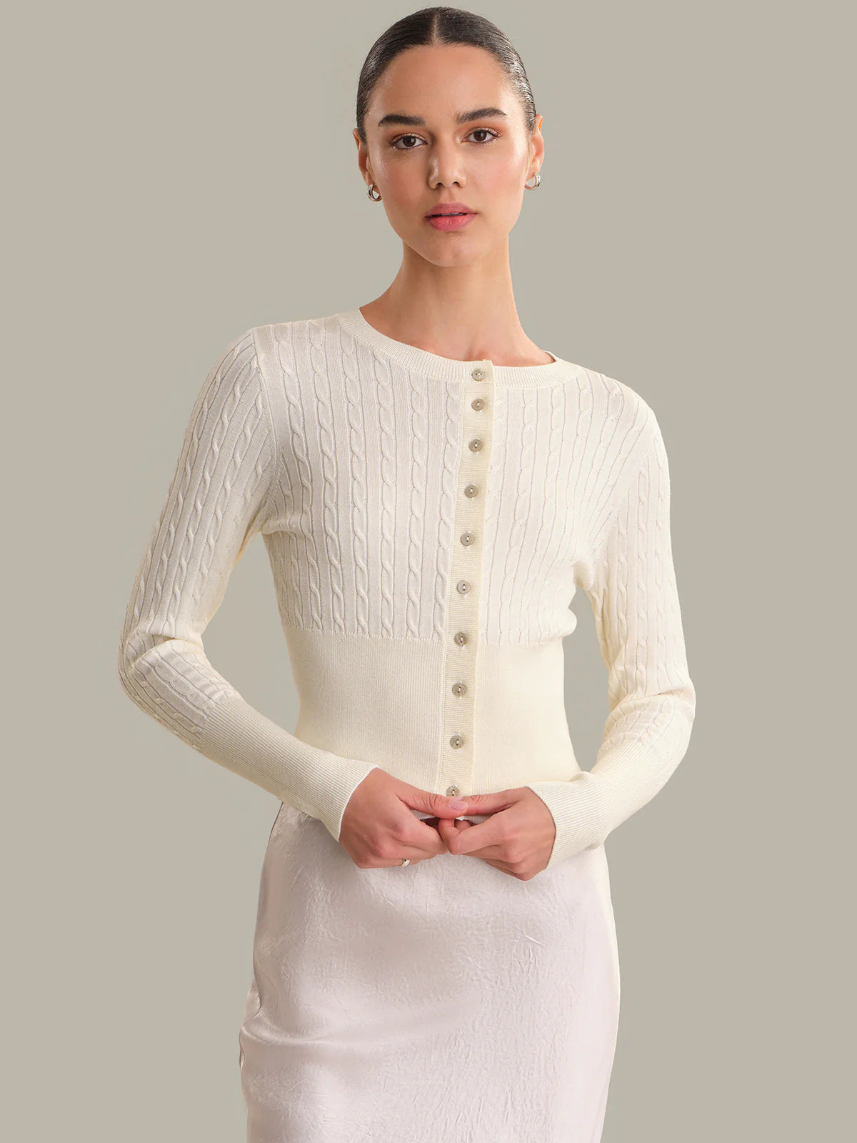 525 Audra Cropped Cable-Knit Cardigan Egret White