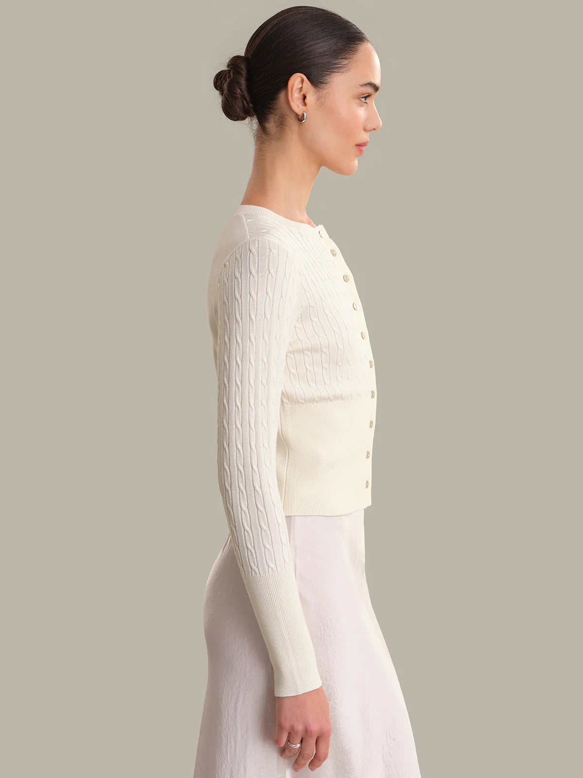525 Audra Cropped Cable-Knit Cardigan Egret White