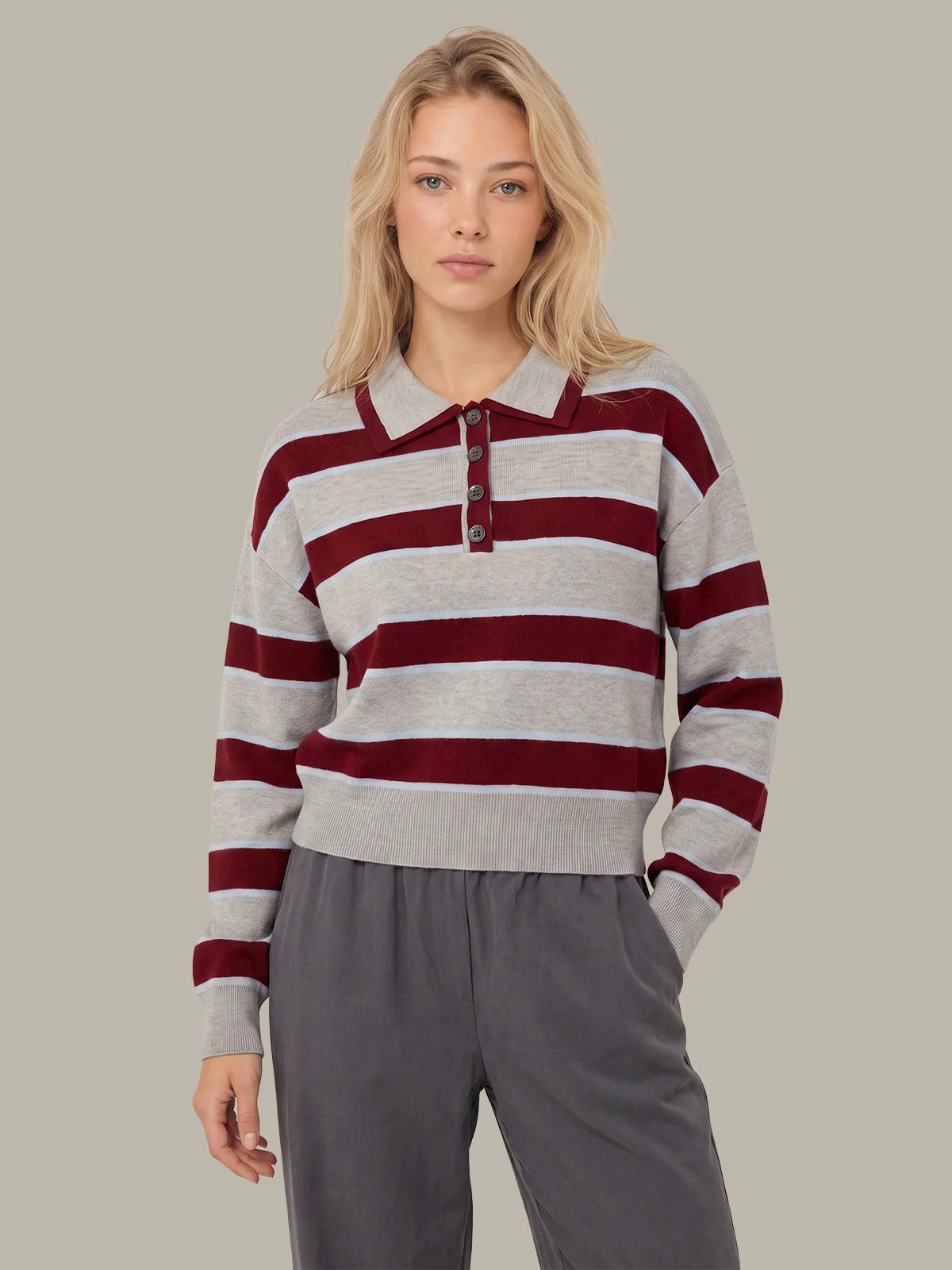 525 Vera Double Johnny Collar Rugby Stripe Pullover Grey Combo