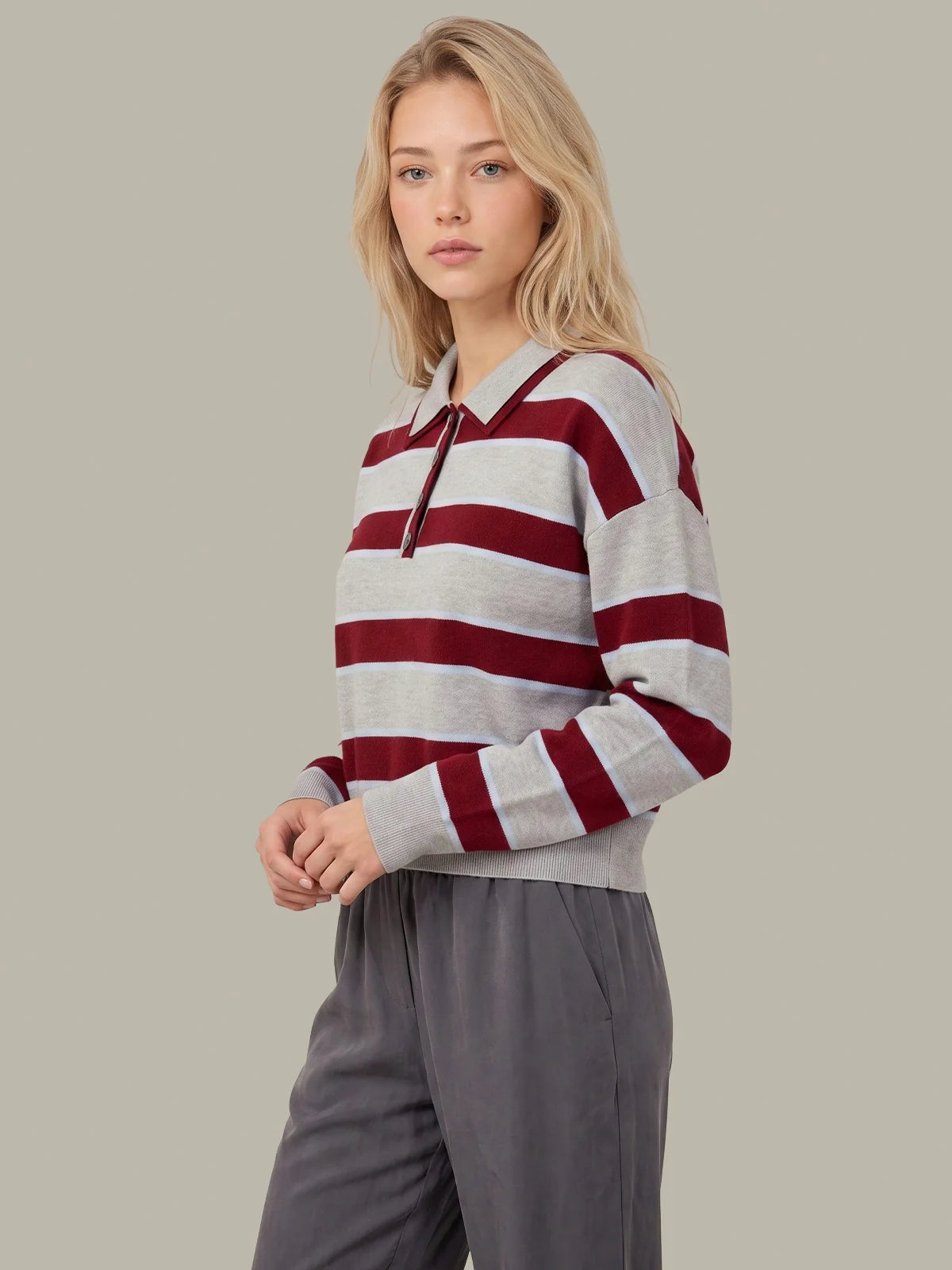 525 Vera Double Johnny Collar Rugby Stripe Pullover Grey Combo