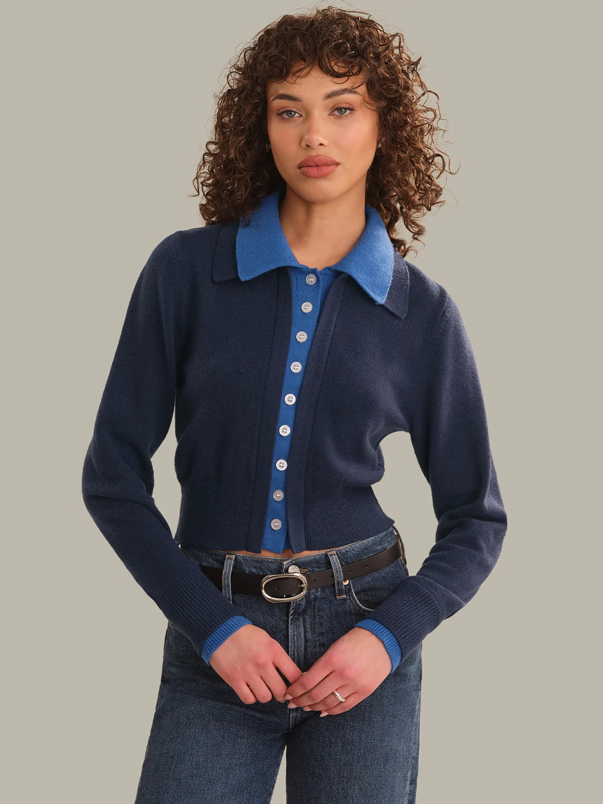 525 Priscilla Faux Double Layer Polo Cardigan Dark Blue Combo