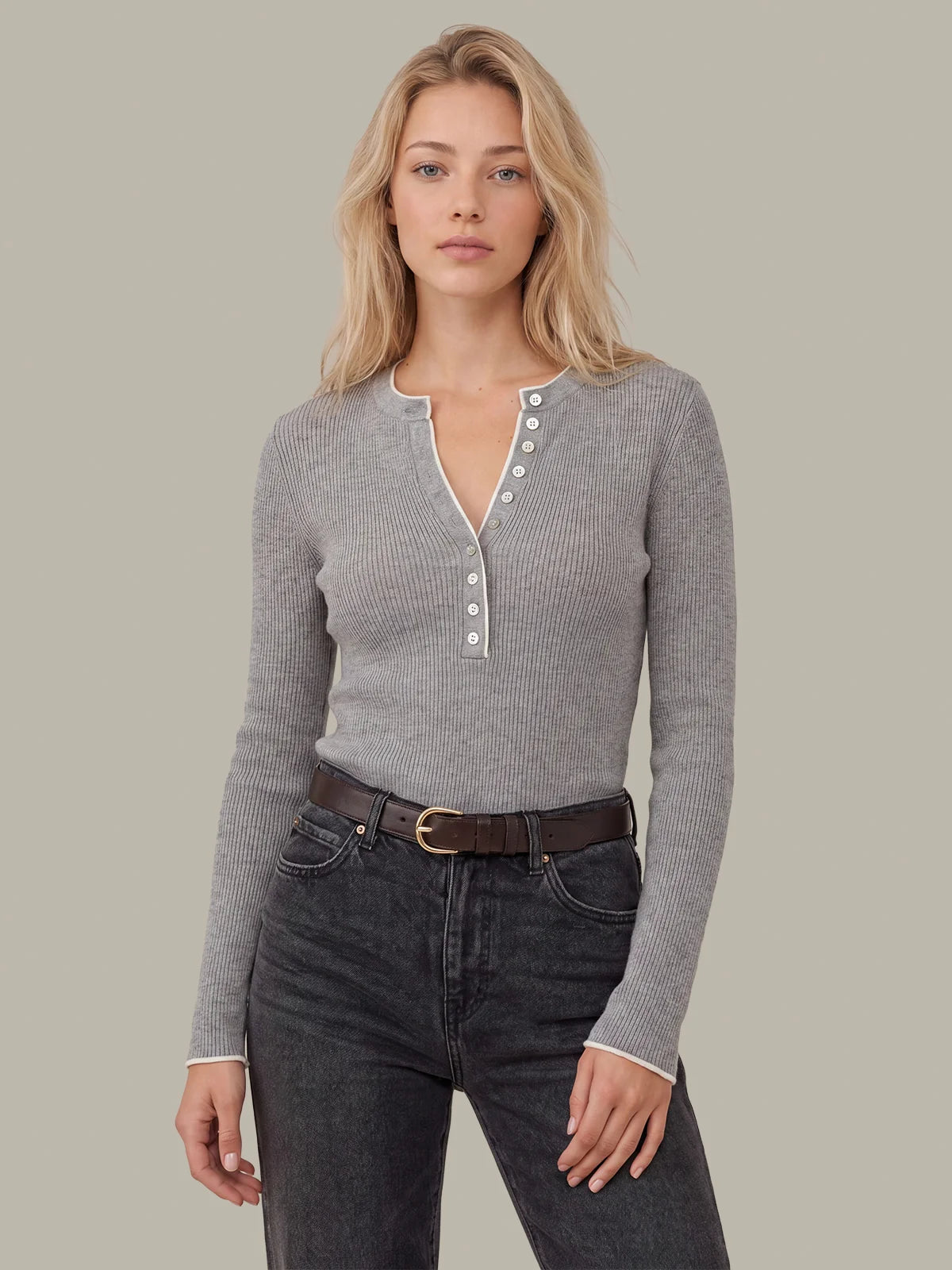 Emmeline Rib Layered Henley Grey