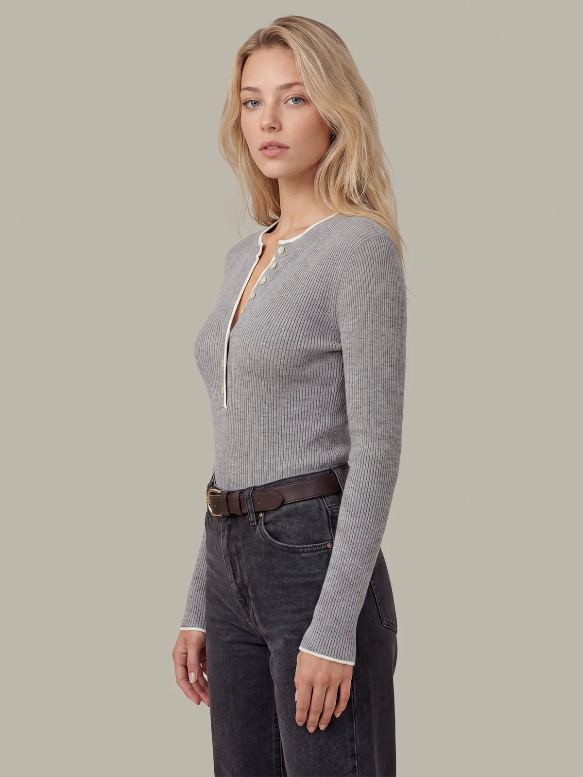 525 Emmeline Rib Layered Henley Grey