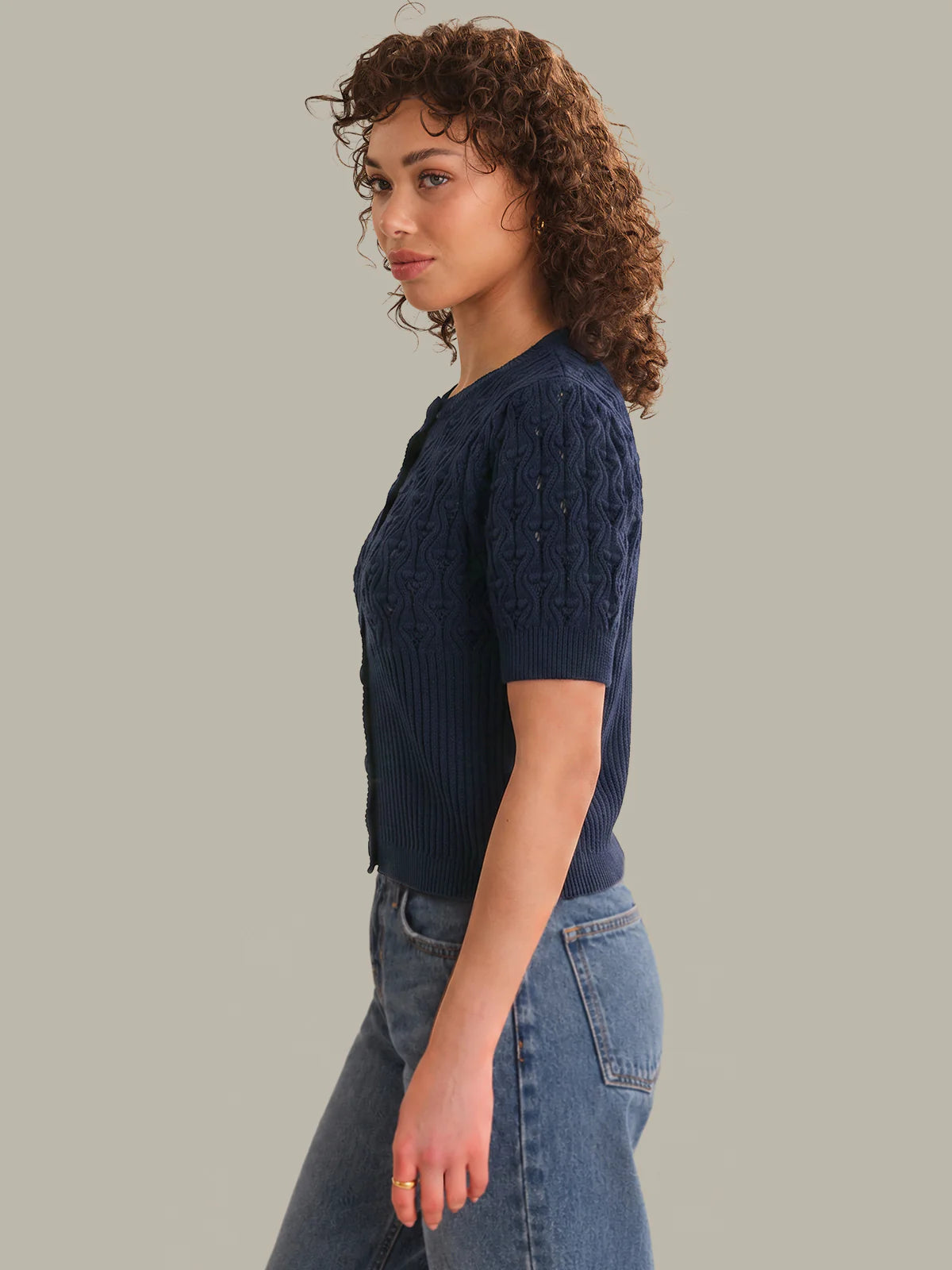 525 Kara Bobble Knit Cotton Cardigan Dark Blue