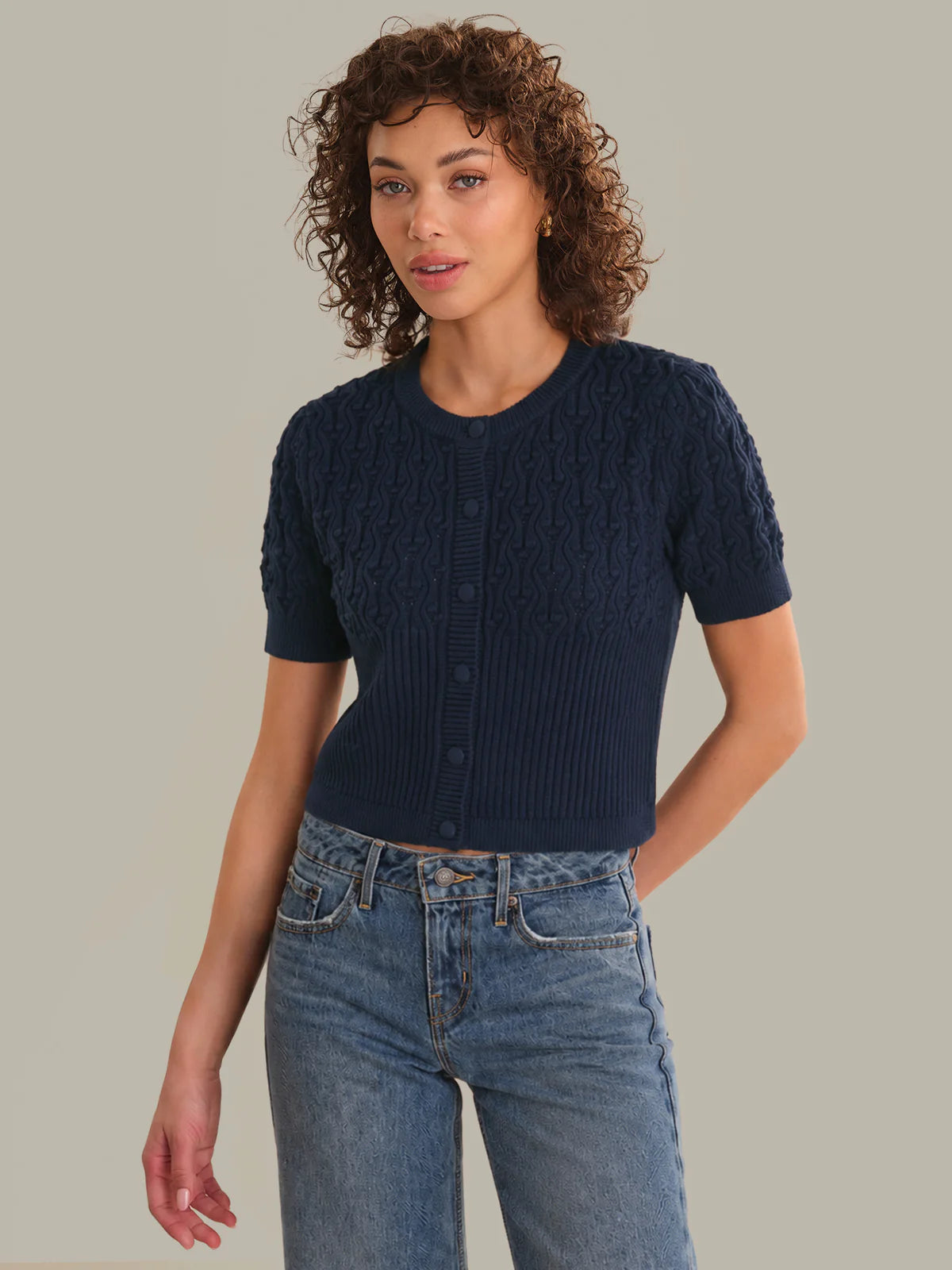 525 Kara Bobble Knit Cotton Cardigan Dark Blue