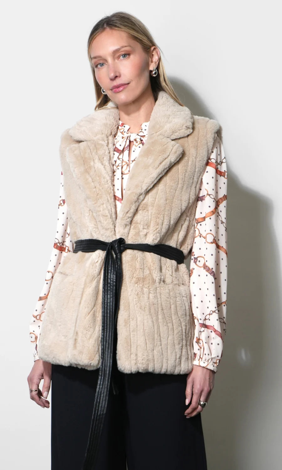 Greylin Cosette Faux Fur Vest With Tie Belt
