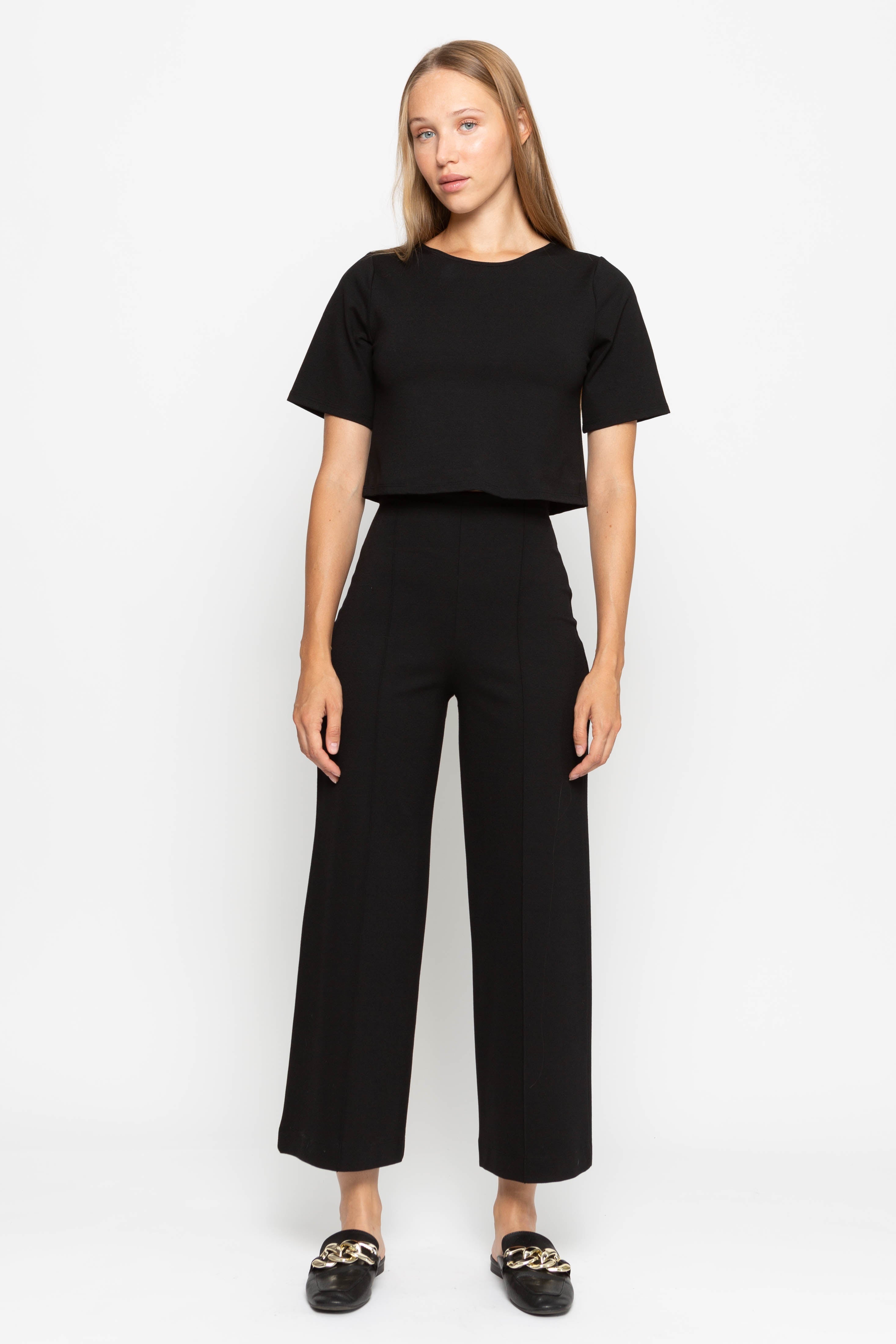 Ponte Knit Short Sleeve Top | Black
