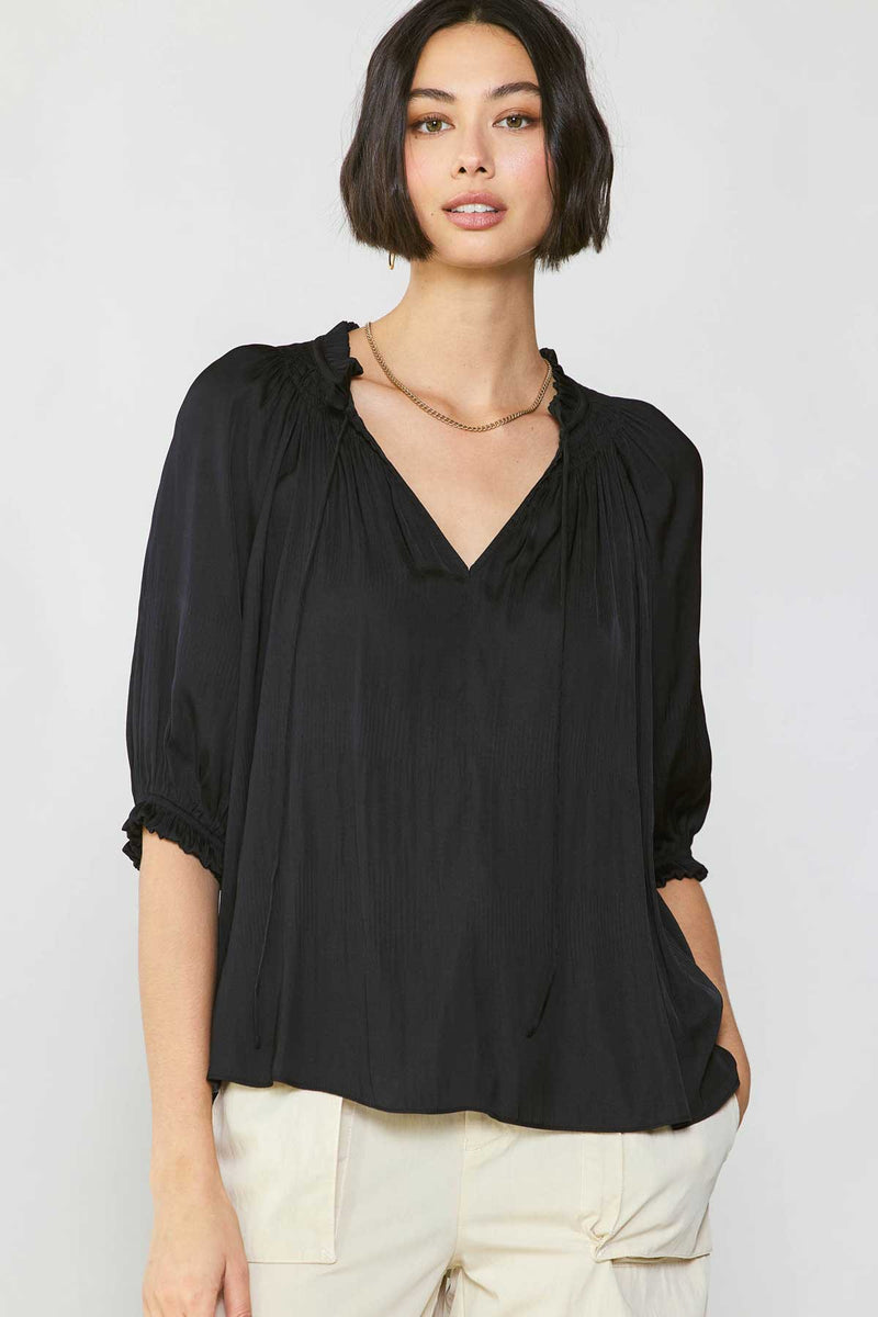 Susana Short Sleeve Tie Front Satin Top | Current Air