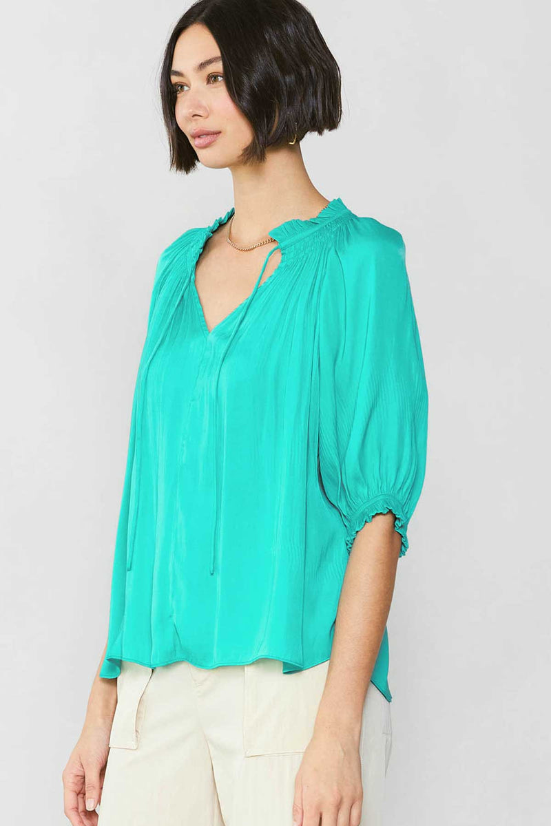 Susana Short Sleeve Tie Front Satin Top | Current Air