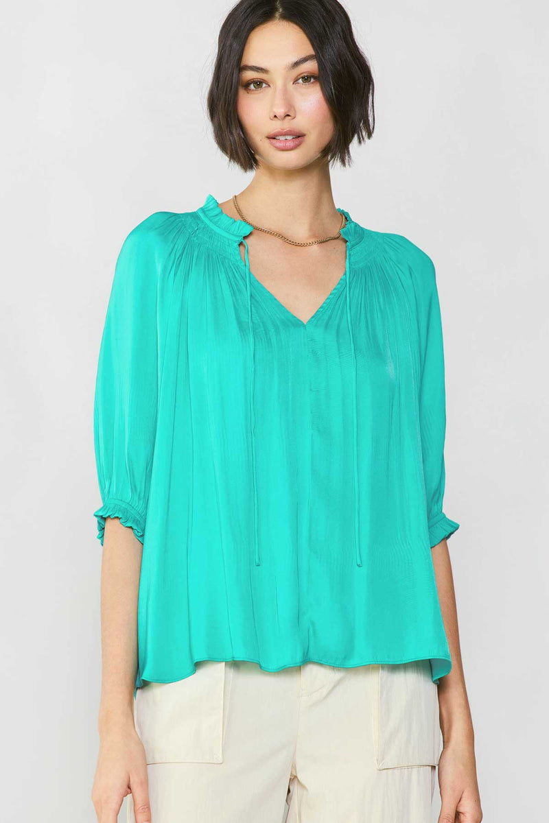 Susana Short Sleeve Tie Front Satin Top | Current Air