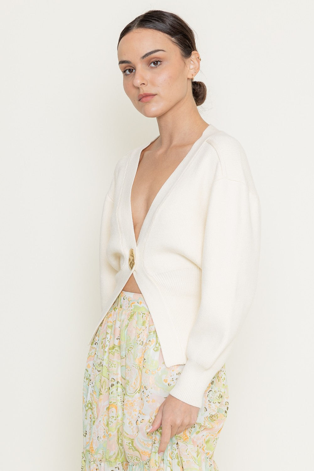 Lucy Gold Button Cardigan Cream