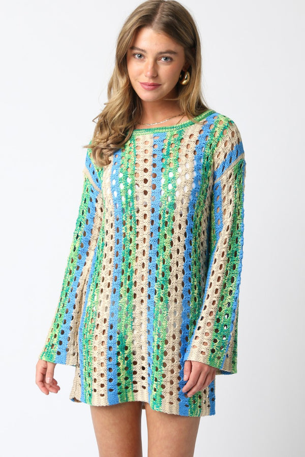 Ollie Crochet Striped Mini Dress | Blue Green