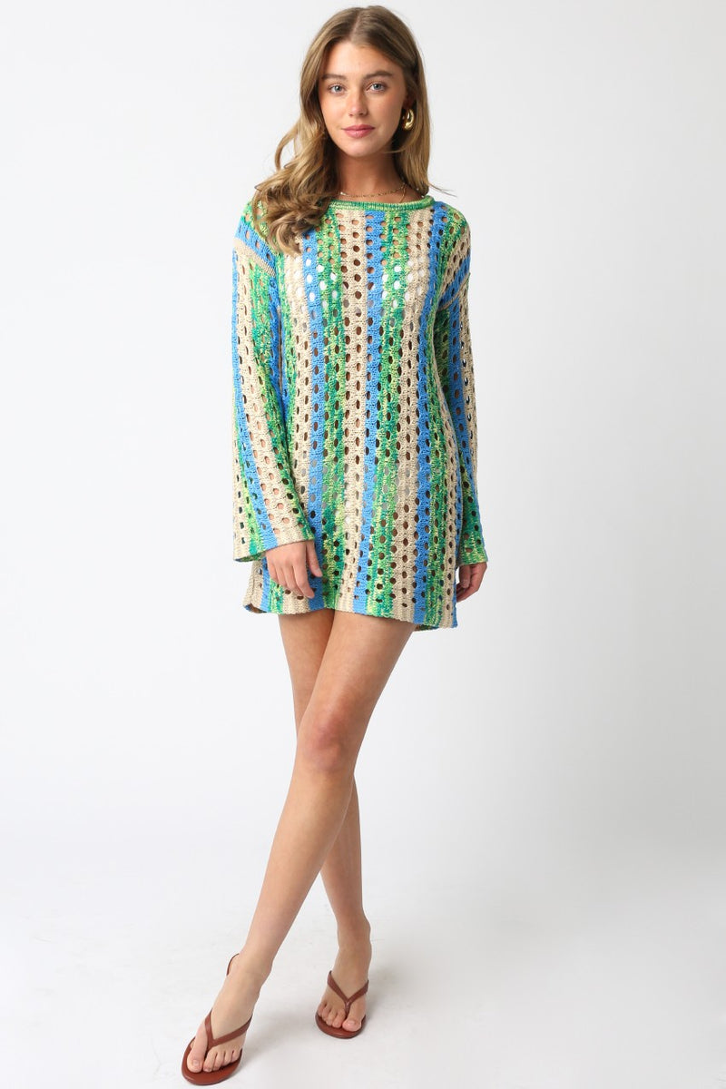 Ollie Crochet Striped Mini Dress | Blue Green