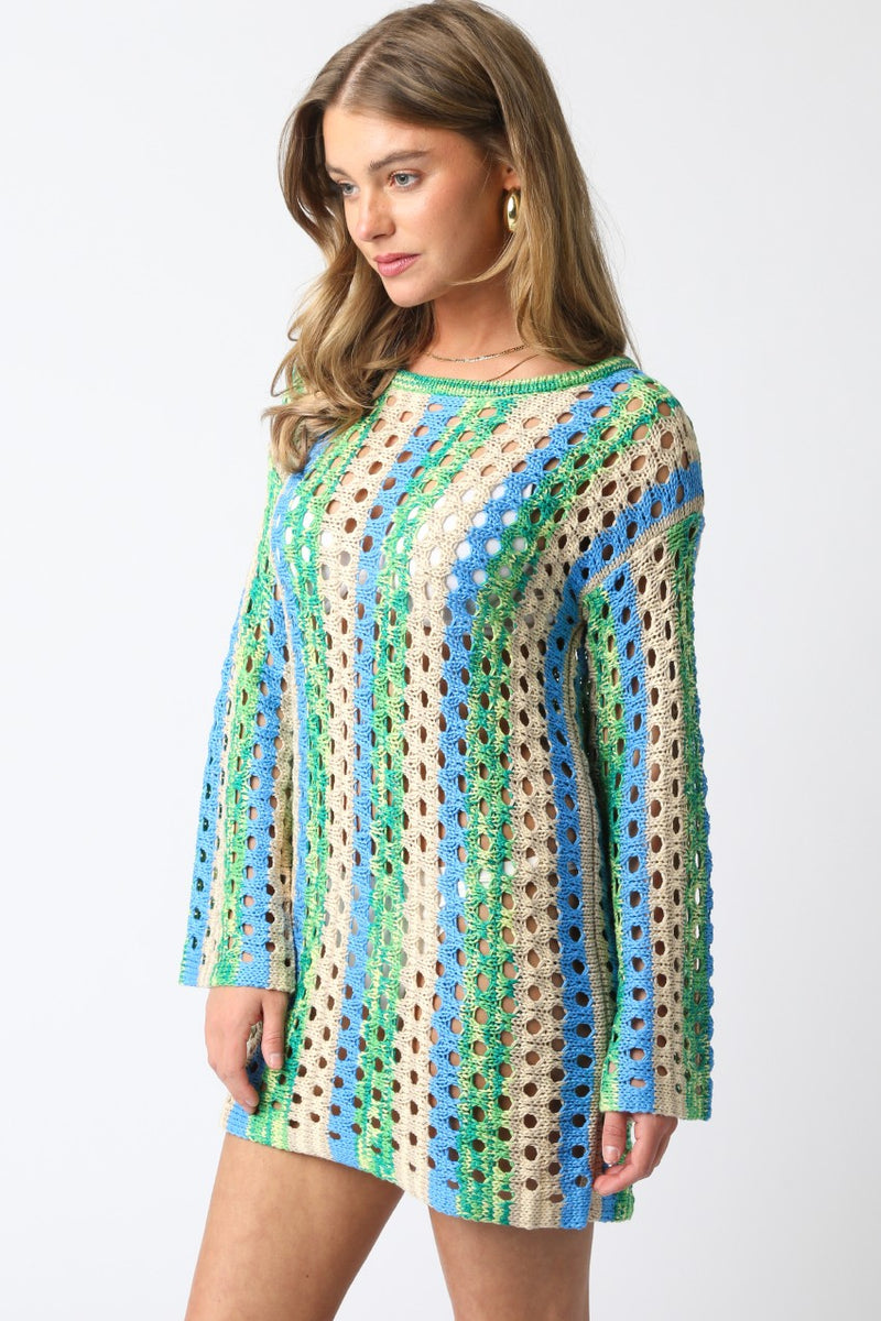 Ollie Crochet Striped Mini Dress | Blue Green
