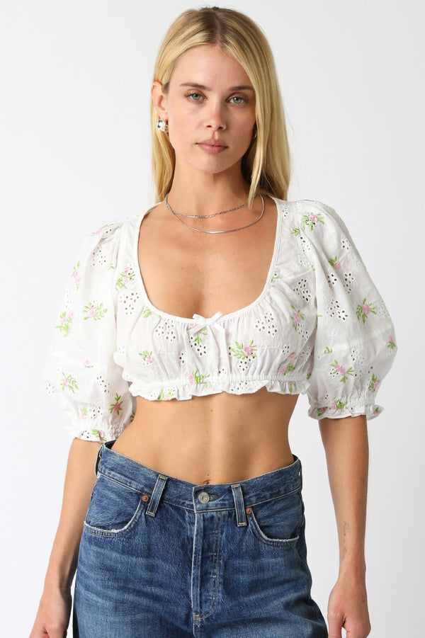 Raea Floral Eyelet Crop Top | Ivory